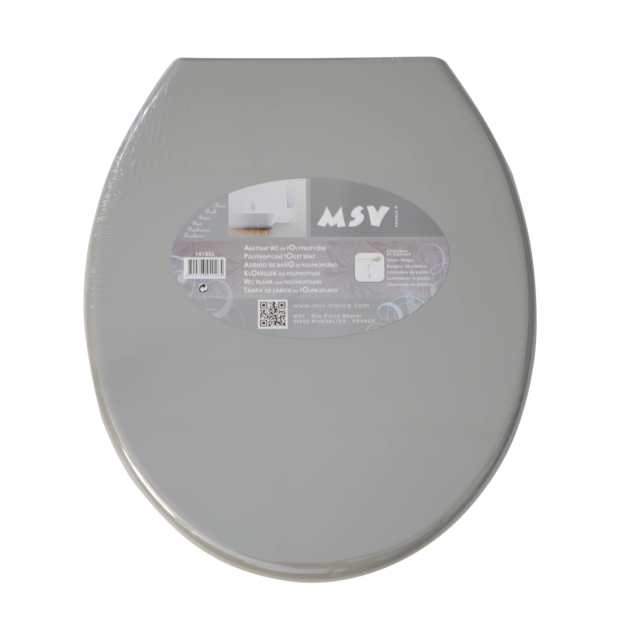 Grauer ovaler Toilettensitz mit einem MSV-Etikett in der Mitte des Deckels, vor einem schlichten weißen Hintergrund dargestellt.