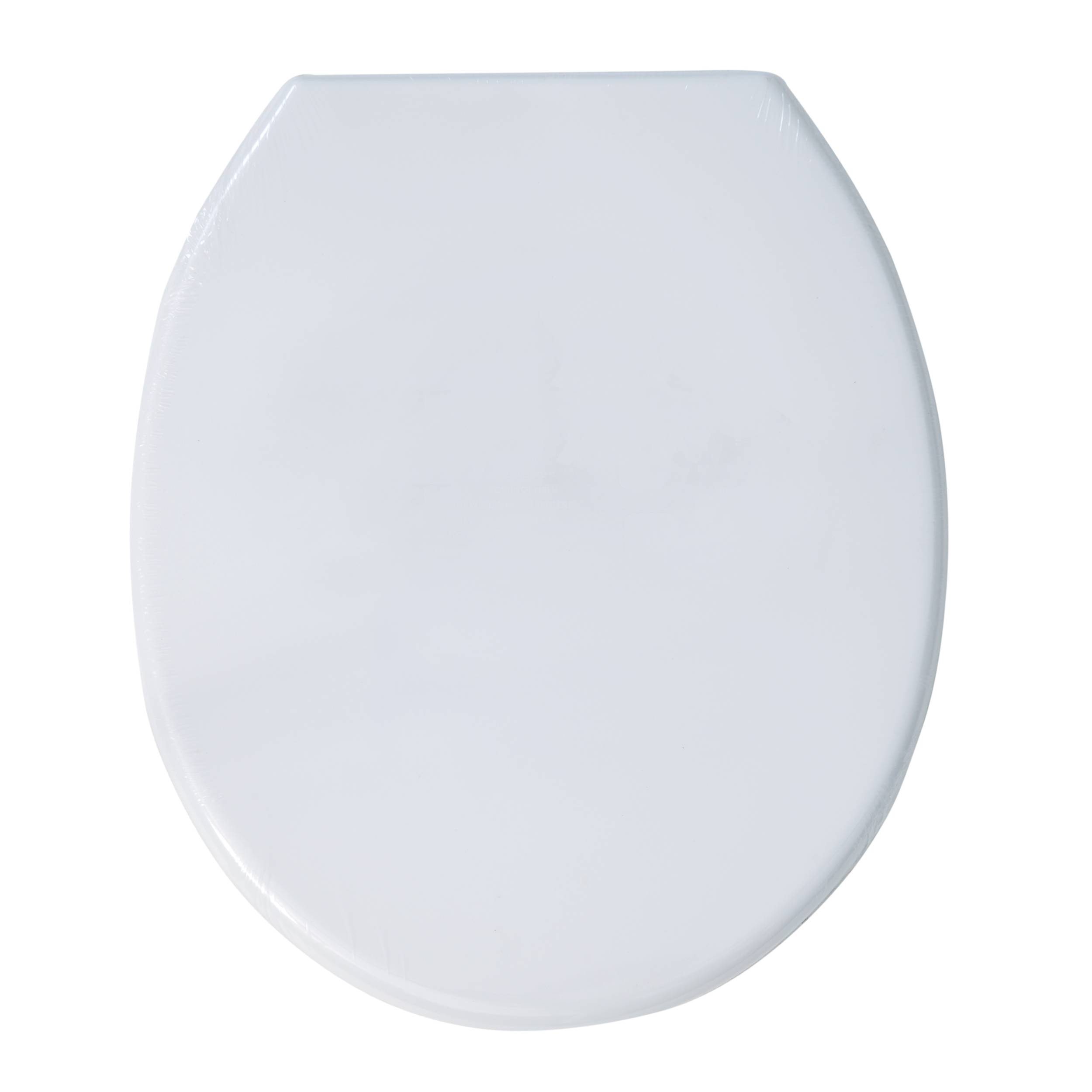 Geschlossener weißer Toilettendeckel von oben auf einfachem Hintergrund betrachtet.