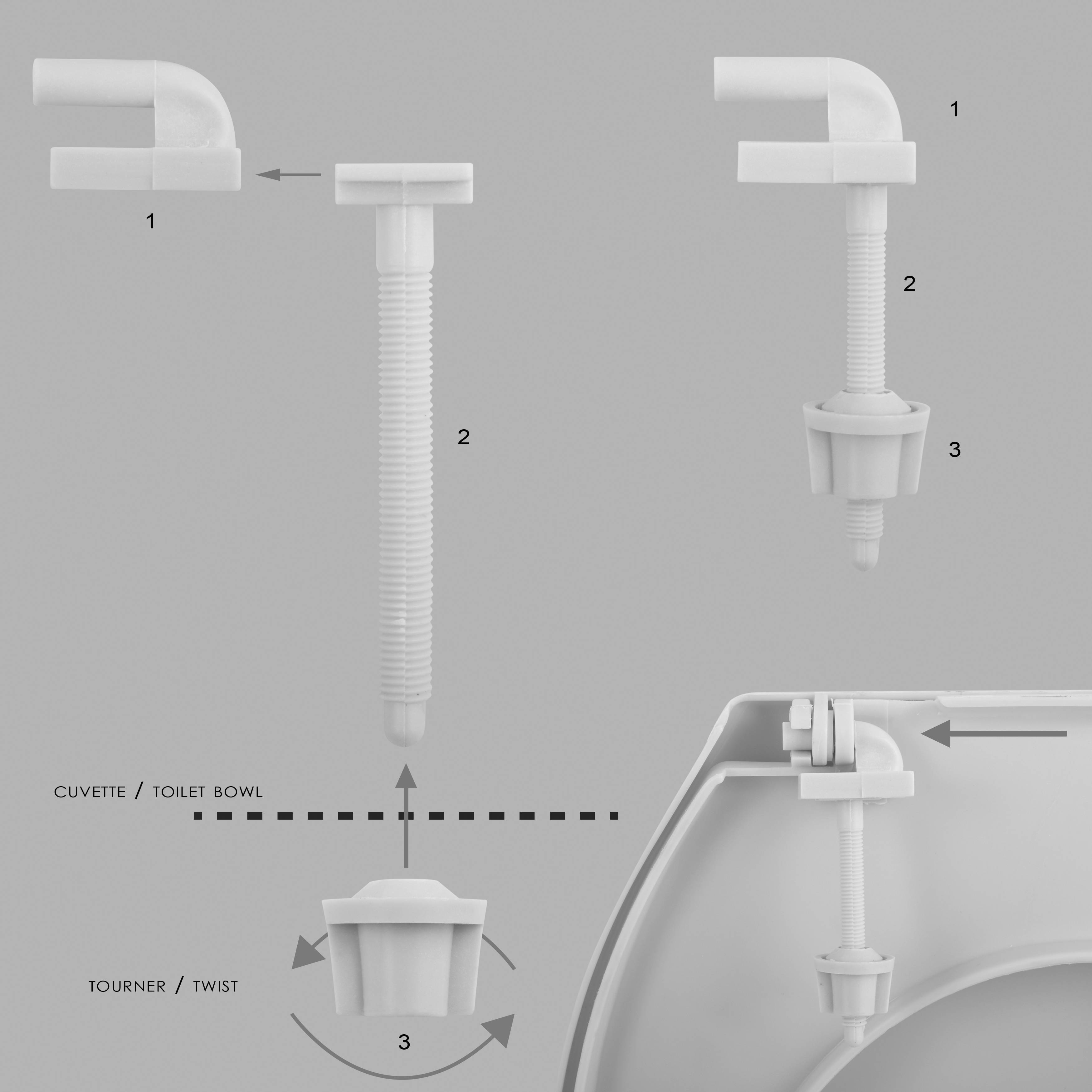 Anleiterdiagramm eines Toilettenspülkastenventils mit Schwimmer, das die Teile 1–3 und Pfeile zum Entfernen, Einsetzen und Drehen der Armatur in die Toilettenschüssel/das Spülkastenbecken zeigt.