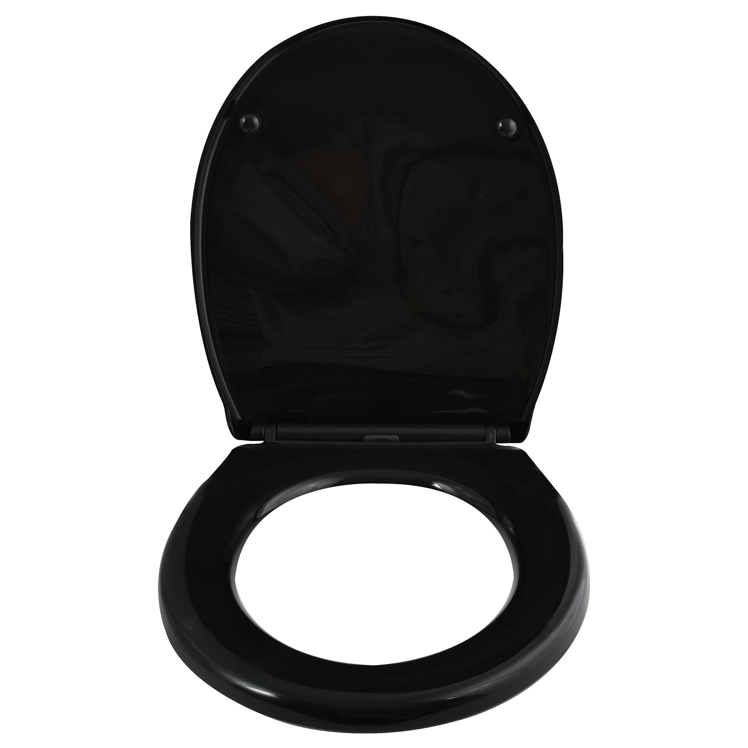 Schwarzer Toilettensitz mit hochgeklapptem Deckel, Vorderansicht auf weißem Hintergrund.