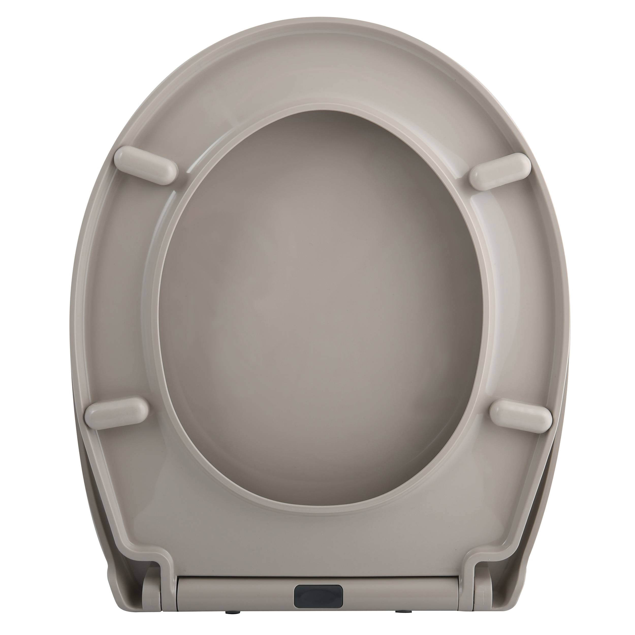 Offener Toilettensitz von oben gezeigt, geschlossener Deckel mit sichtbarem Scharnier.