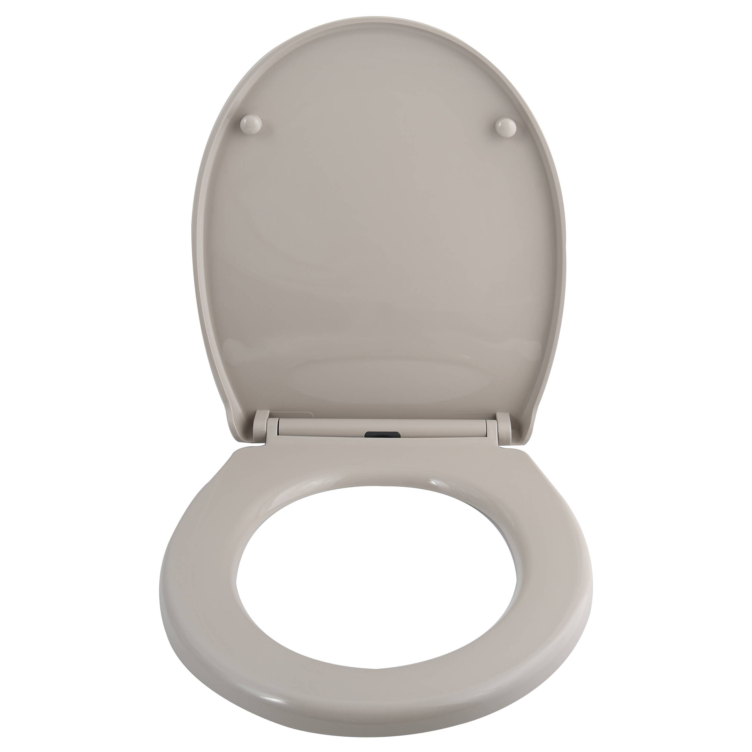 Geschlossener beiger Toilettensitz mit Deckel, von oben auf weißem Hintergrund gezeigt.