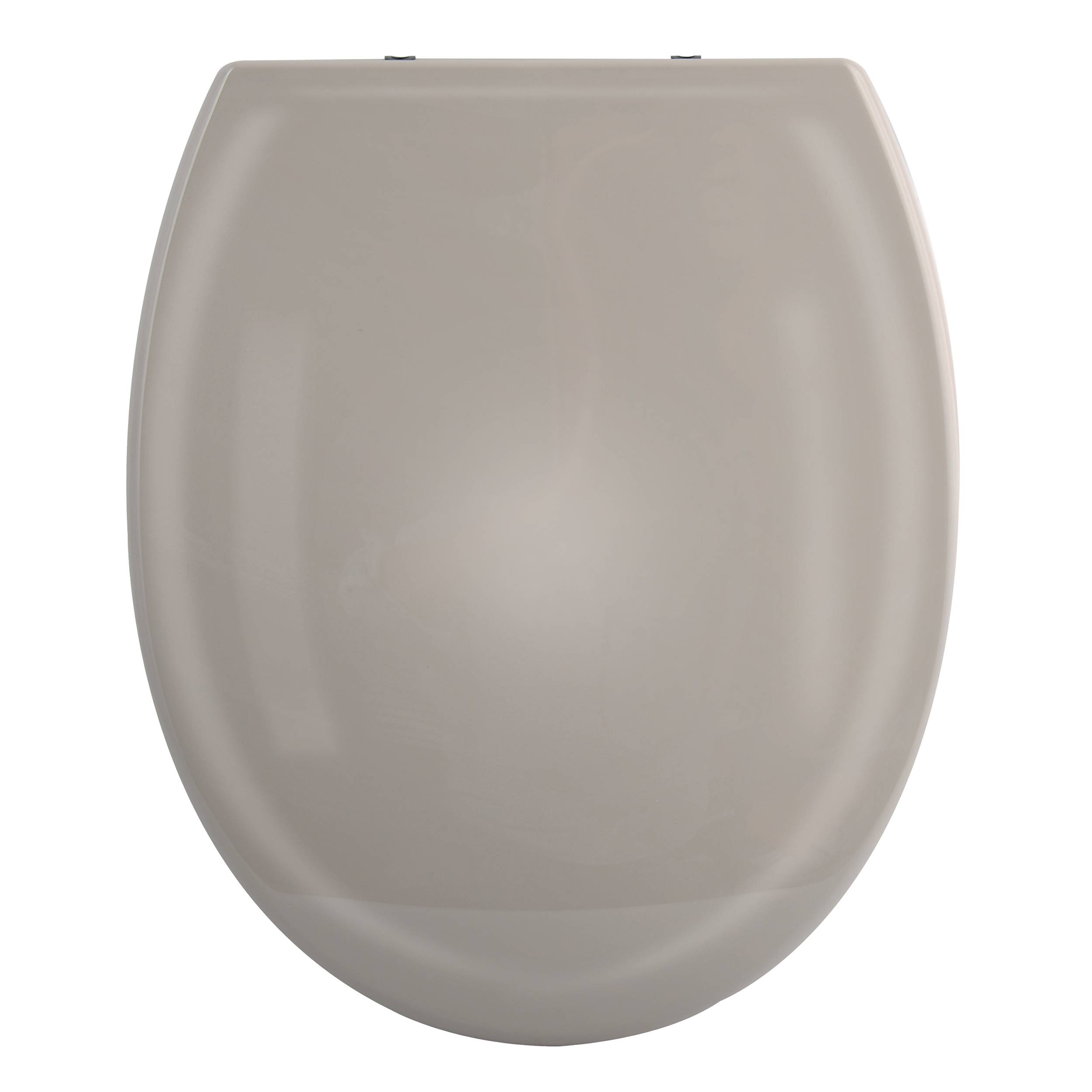 Beiges ovales, an der Wand montiertes Waschbecken oder Toilettensitz-Deckel, Vorderansicht, zentriert auf weißem Hintergrund.