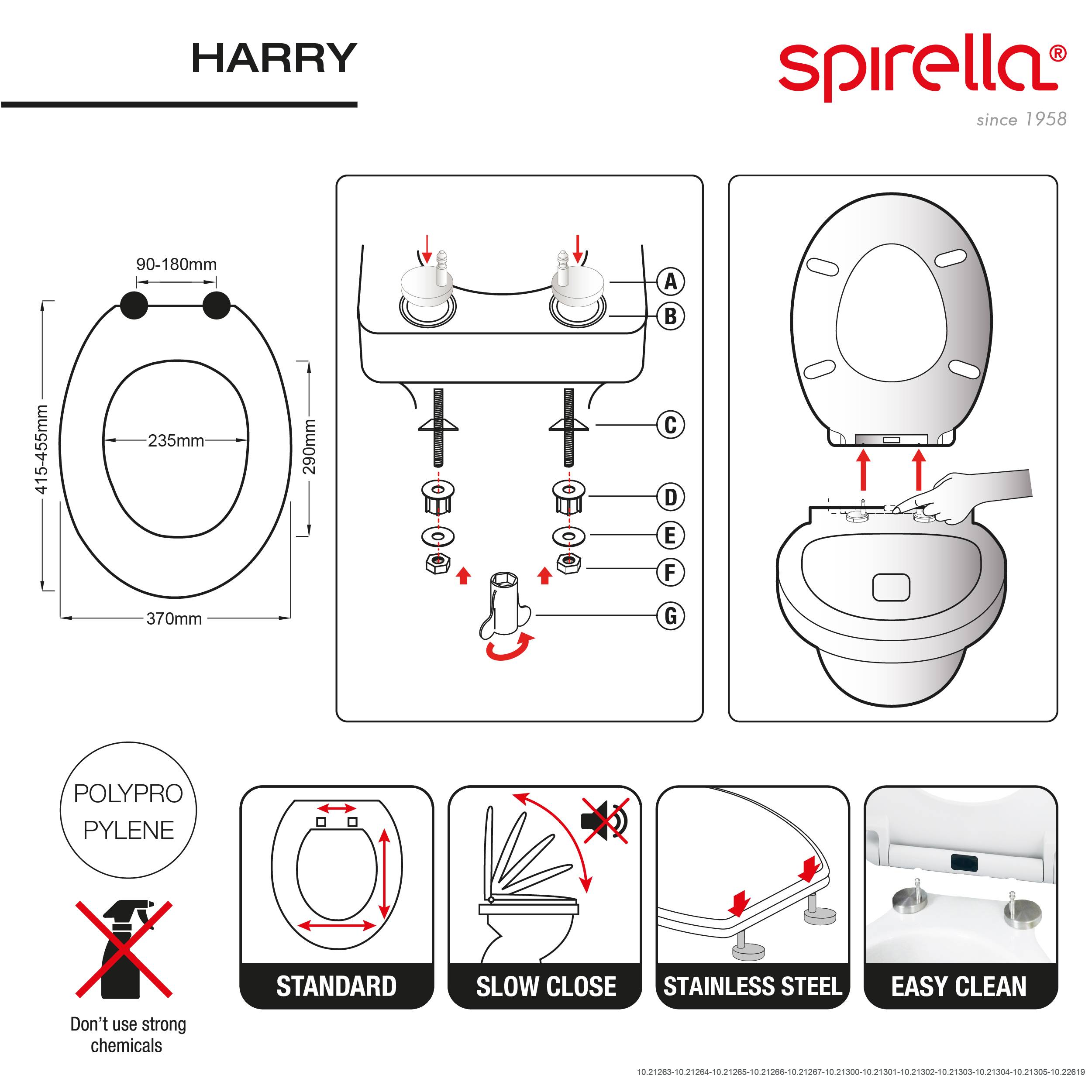 Spirella Harry Toilettensitz-Installationsdiagramm mit Abmessungen, Montagesschritten und Funktionssymbolen für Standard, Softclose, Edelstahl, leichte Reinigung und keine starken Chemikalien.