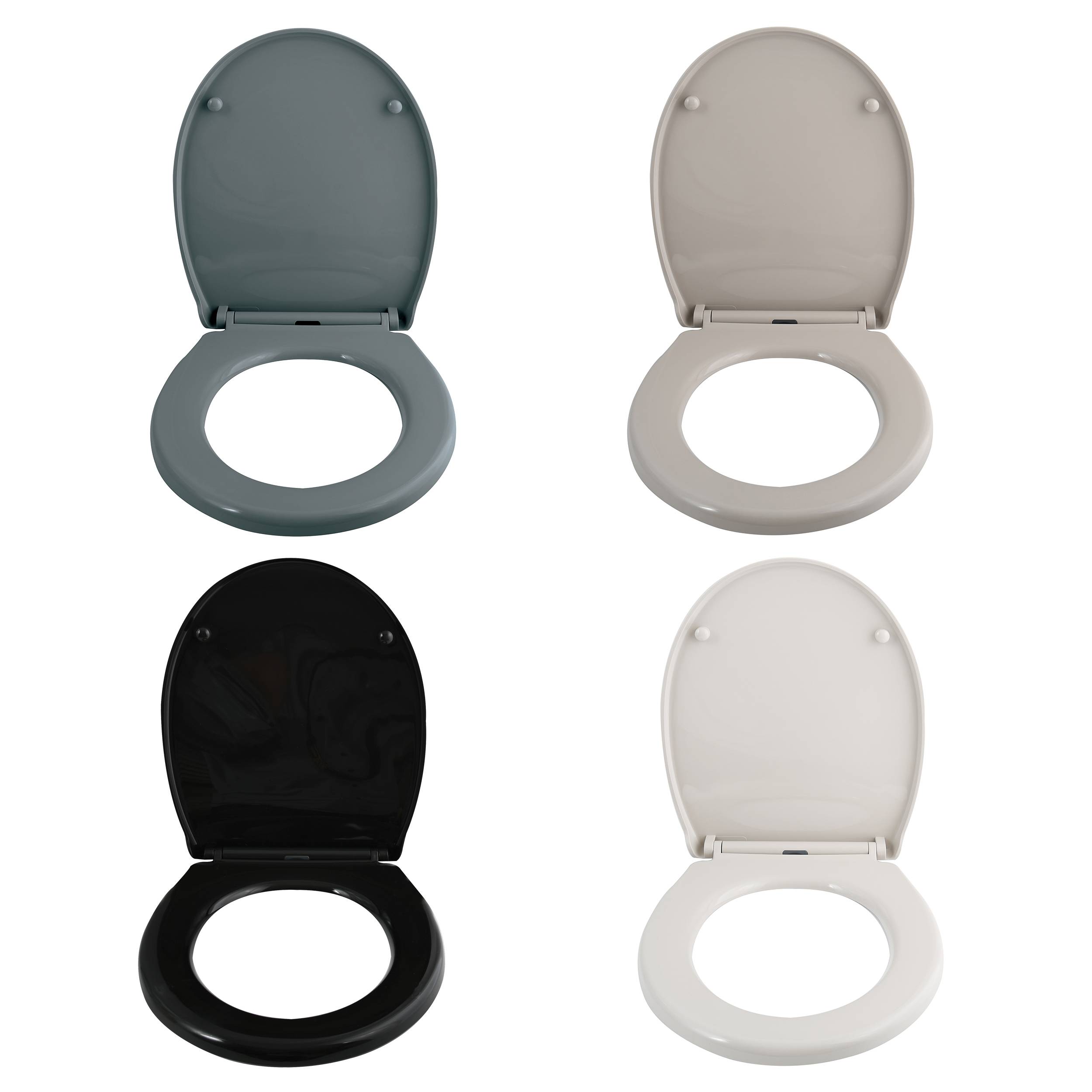 Vier Toilettensitze in verschiedenen Farben: Türkis, Beige, Schwarz und Weiß, geöffnet auf weißem Hintergrund dargestellt.
