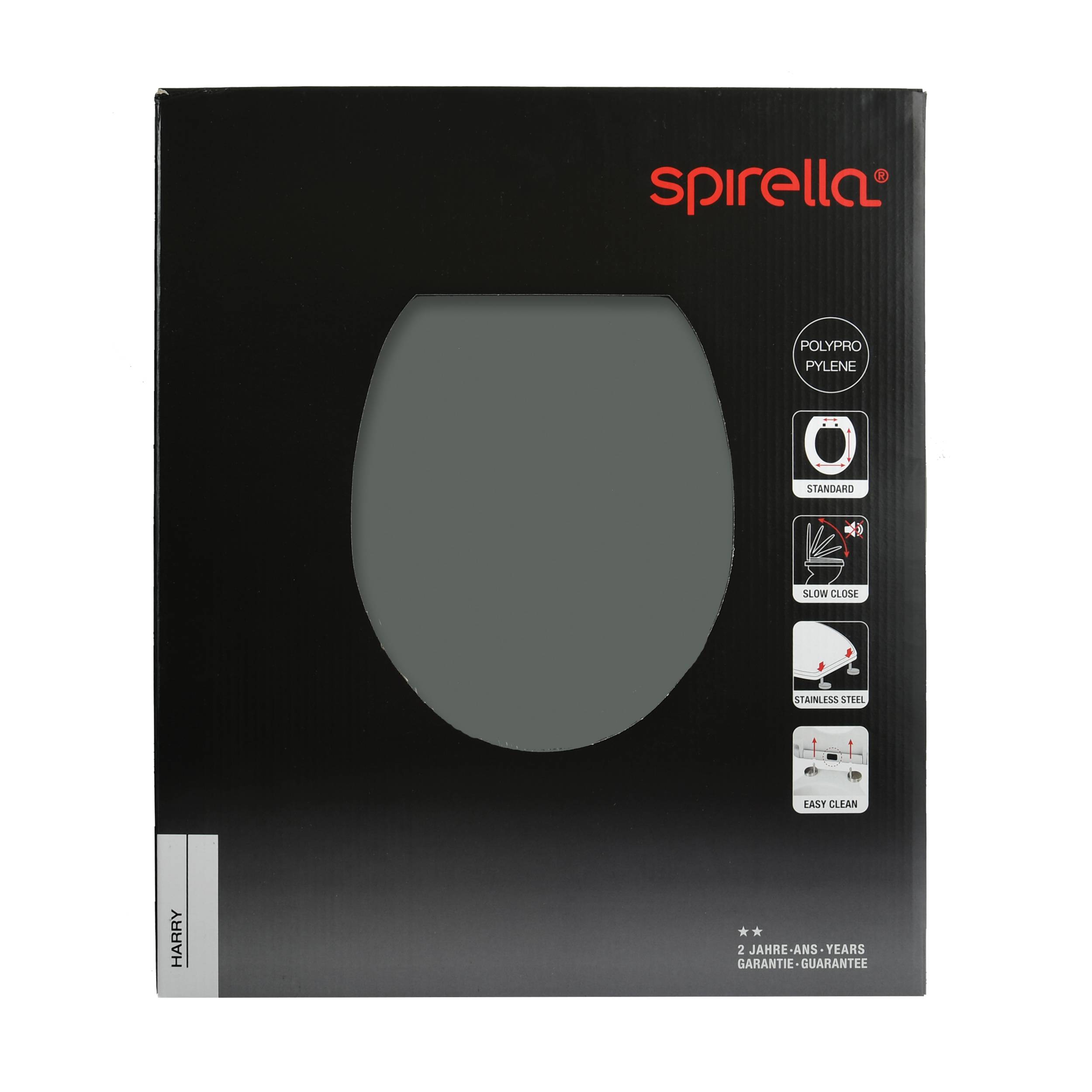 Spirella Toilettensitzkasten mit grauem Sitzblatt, gekennzeichnet als Polypropylen, Standard, Soft-Close, Edelstahl und leicht zu reinigen.