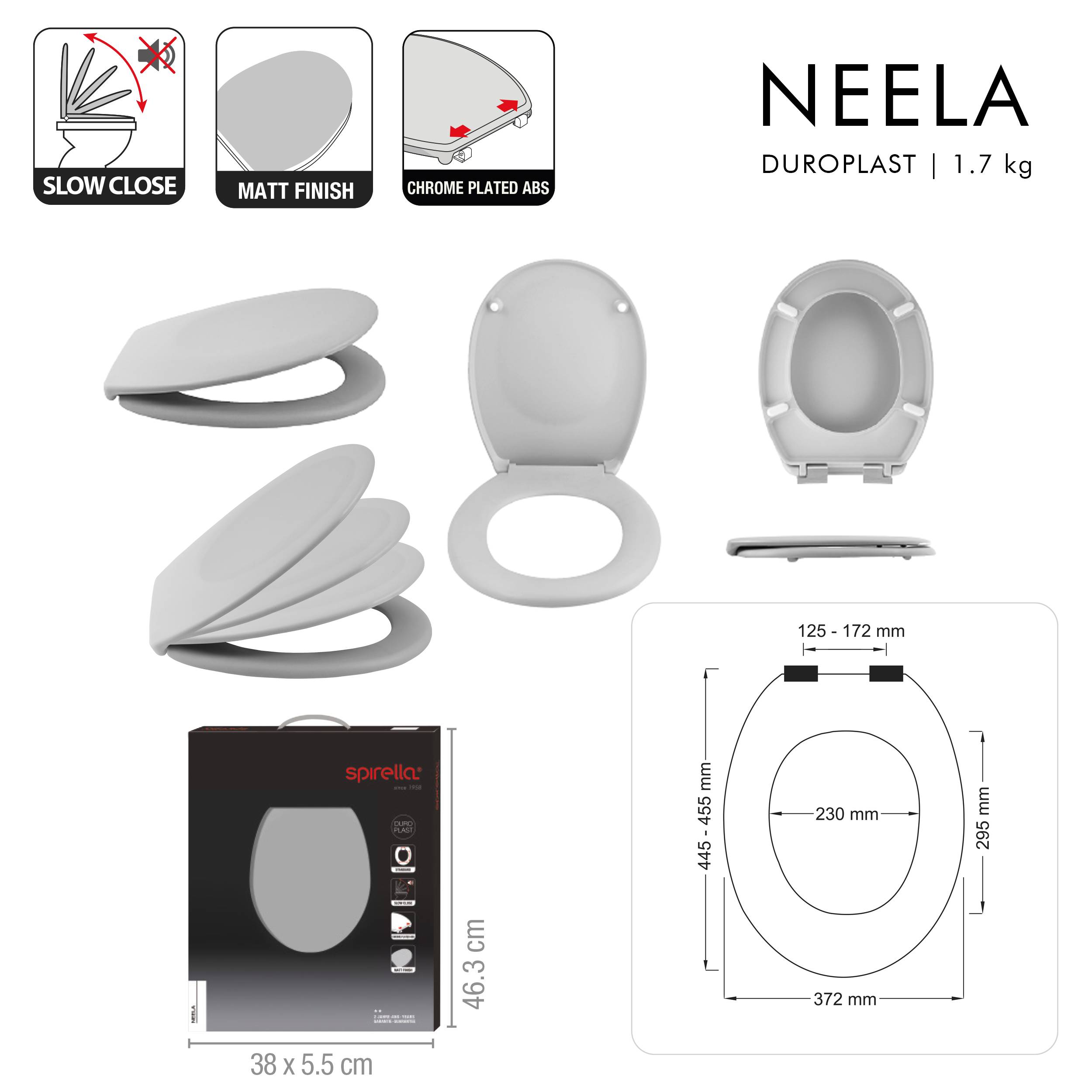 Produktdatenblatt für 'NEELA' Toilettensitz: Soft-Close, Mattfinish, verchromtes ABS, Duroplast 1,7 kg, mit Produktfotos und Maßstabdiagramm.