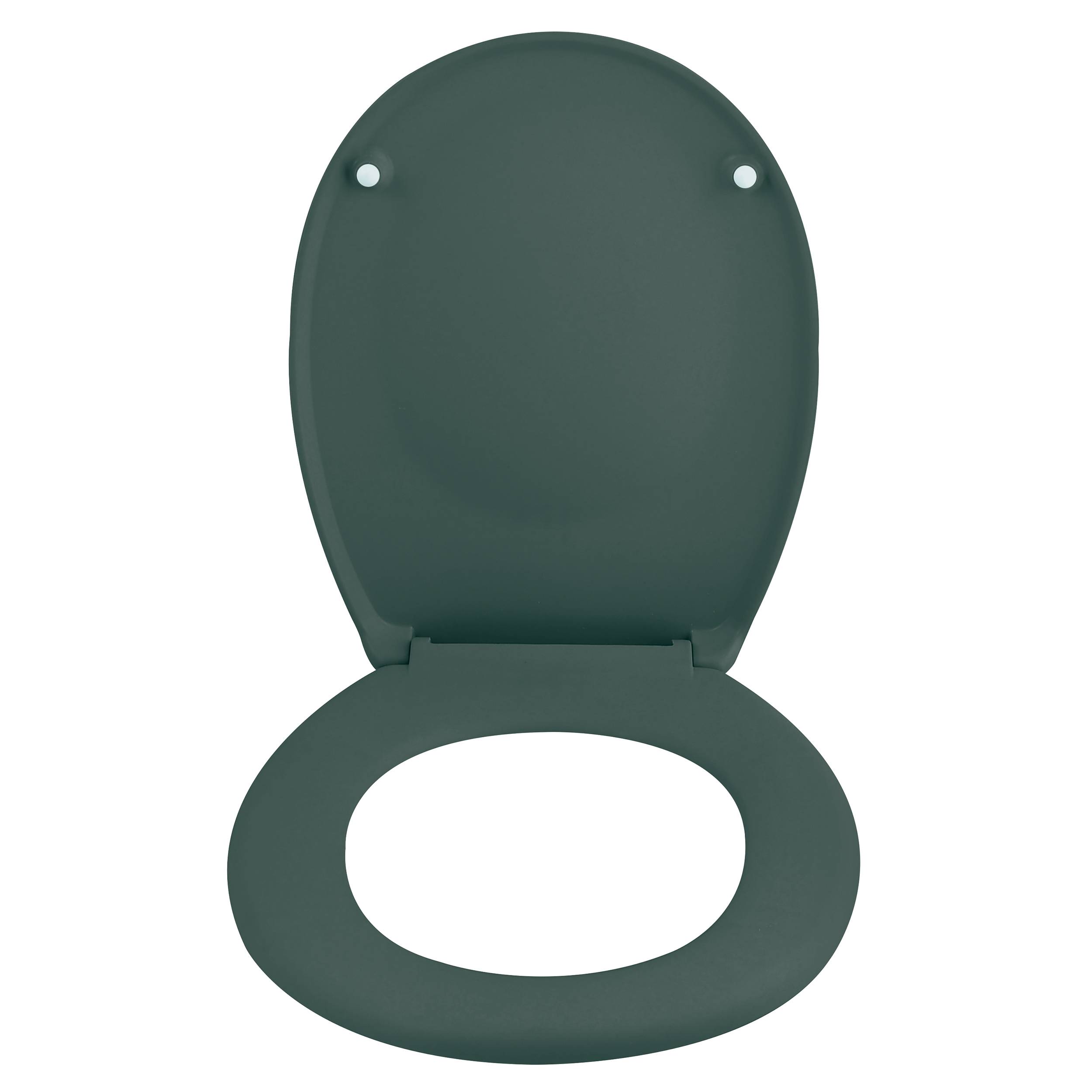 Geschlossener dunkelgrüner Toilettensitzdeckel und ovaler Sitz von oben auf weißem Hintergrund betrachtet.