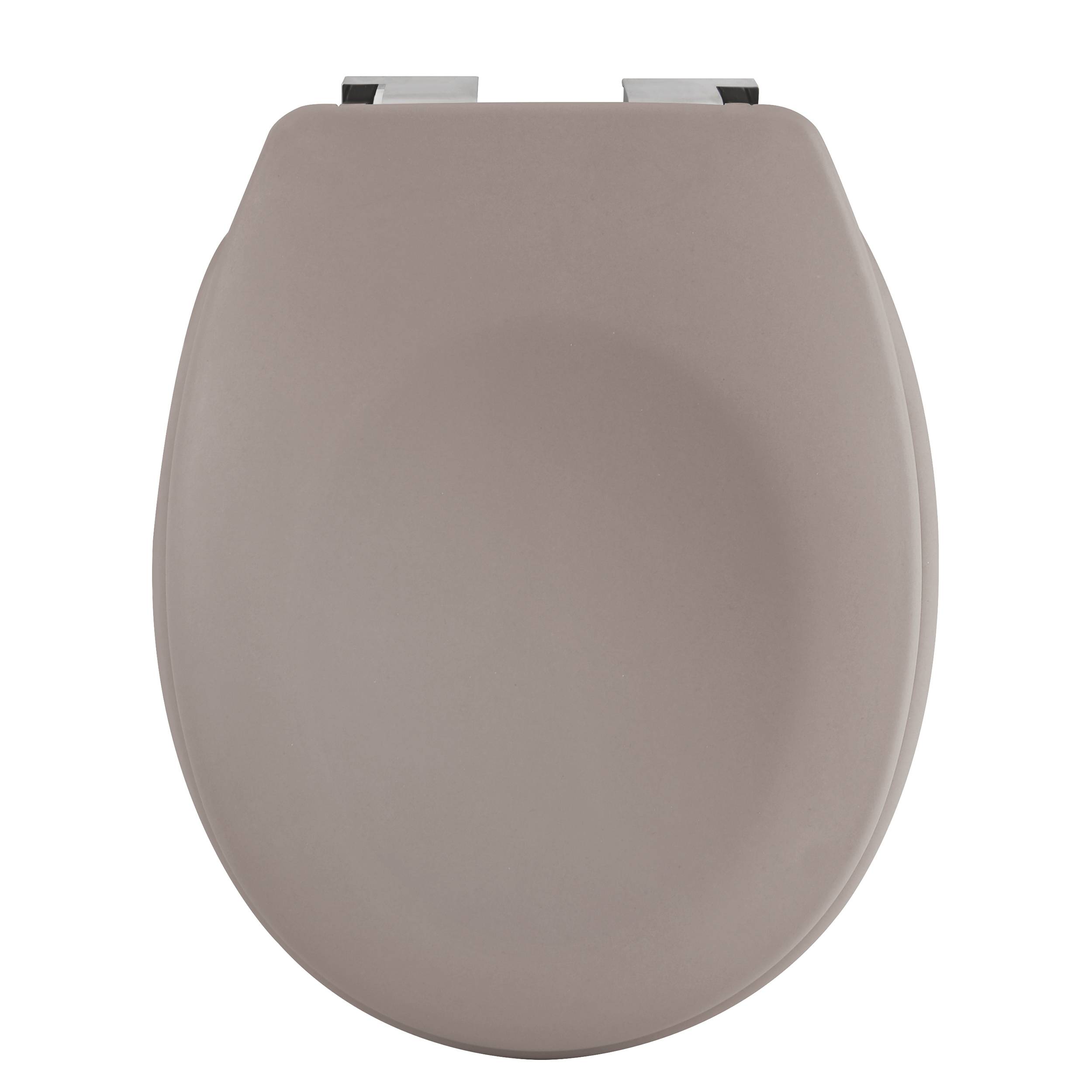 Geschlossener Toilettensitz in Taupe, von oben betrachtet auf einfachem weißem Hintergrund.