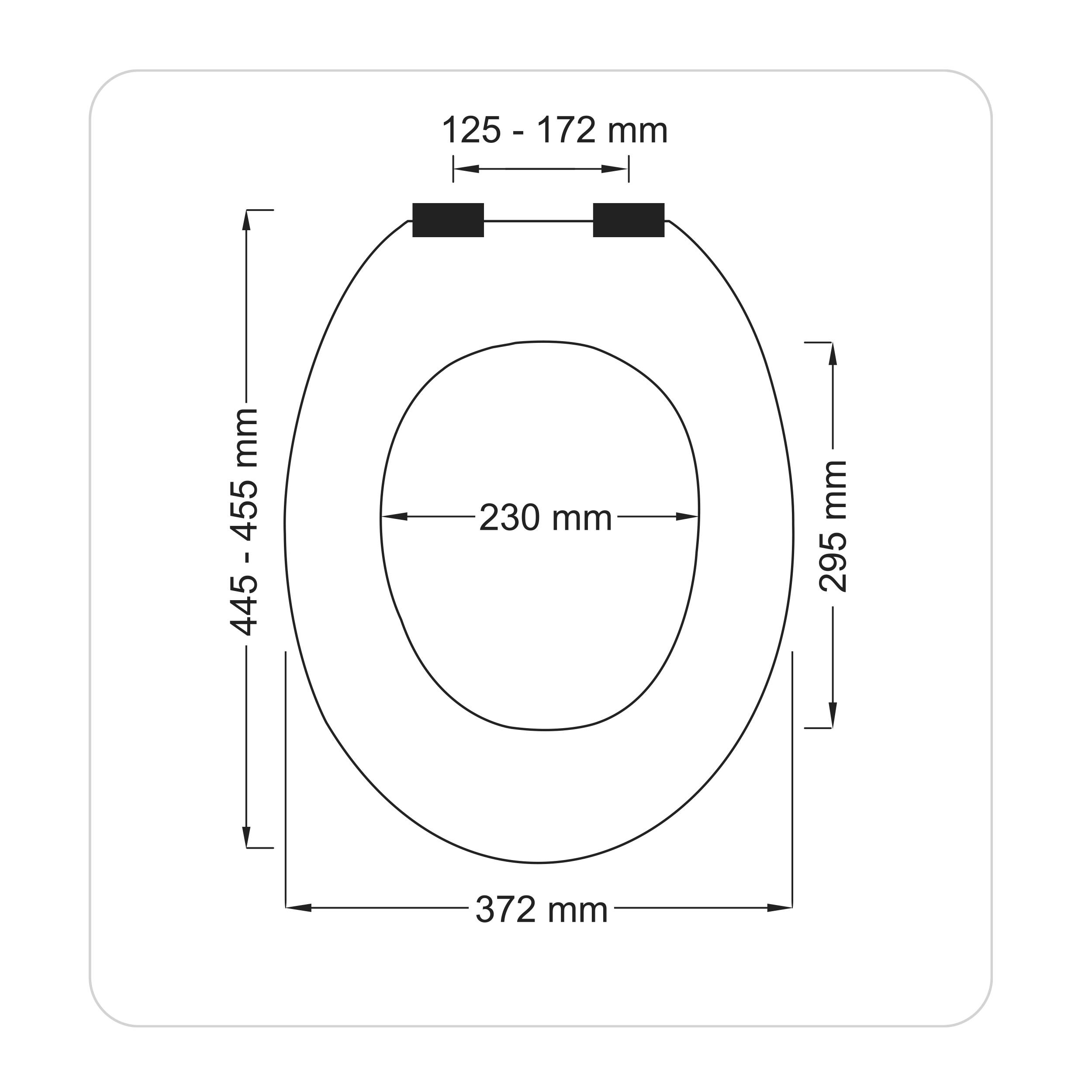 Technische Zeichnung eines ovalen Toilettensitzes mit Abmessungen: 372 mm Breite, 445–455 mm Länge, 230 mm innere Öffnung, 295 mm innere Länge und 125–172 mm Scharnierabstand.