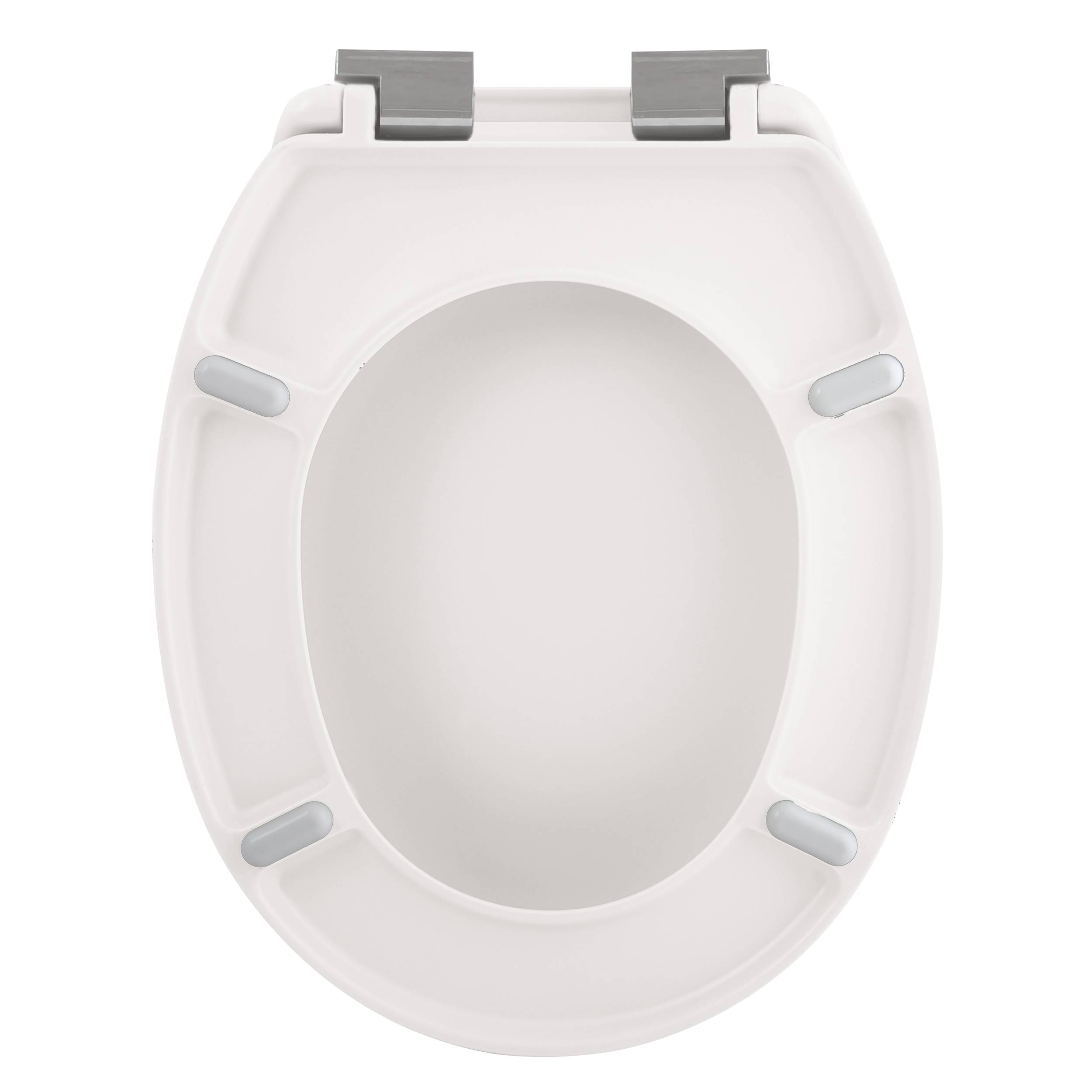 Weiße Toilettensitzbrille mit Deckel, von oben auf einfachem Hintergrund betrachtet.
