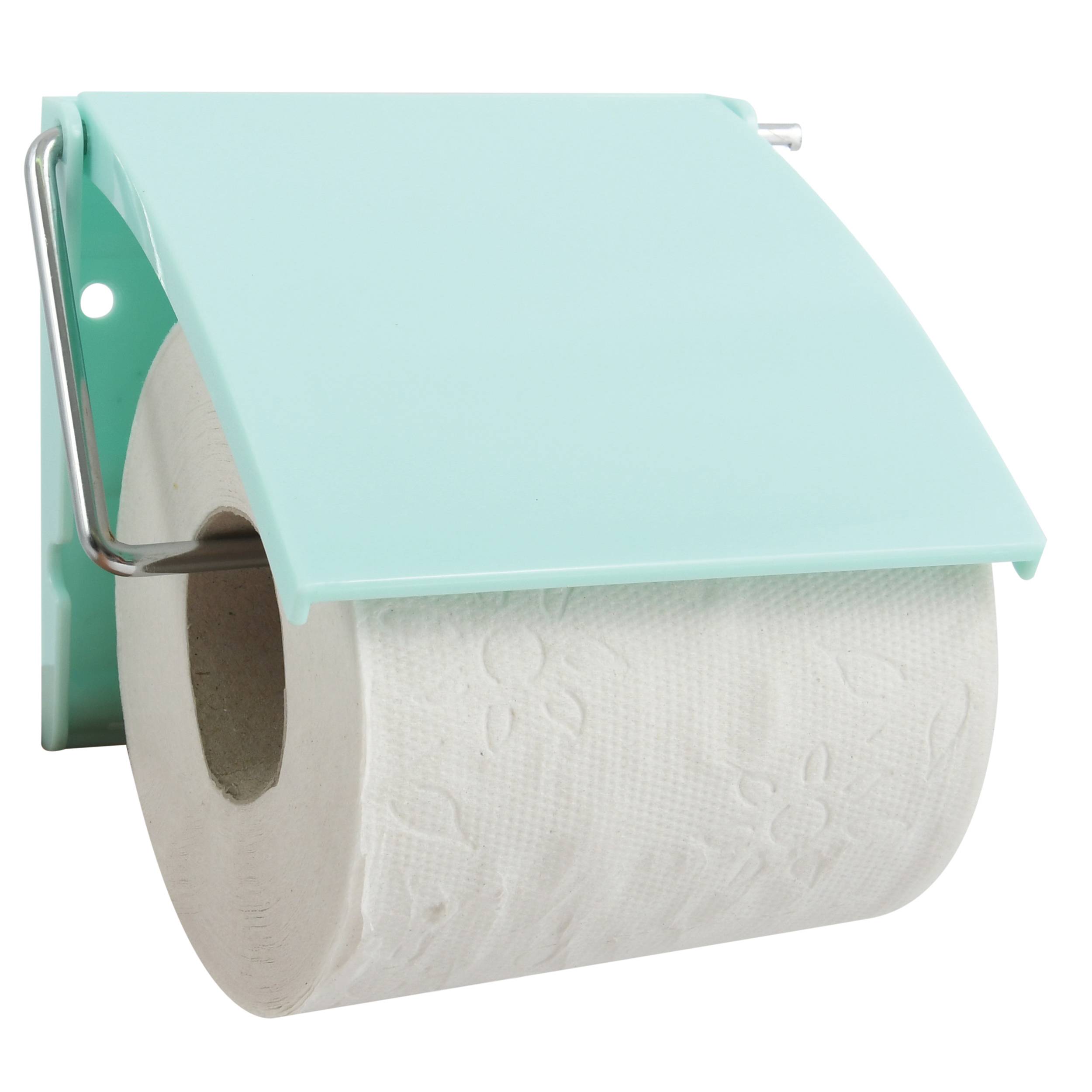 Wandmontierter Toilettenpapierhalter mit einer Rolle unter einer mintgrünen Abdeckung