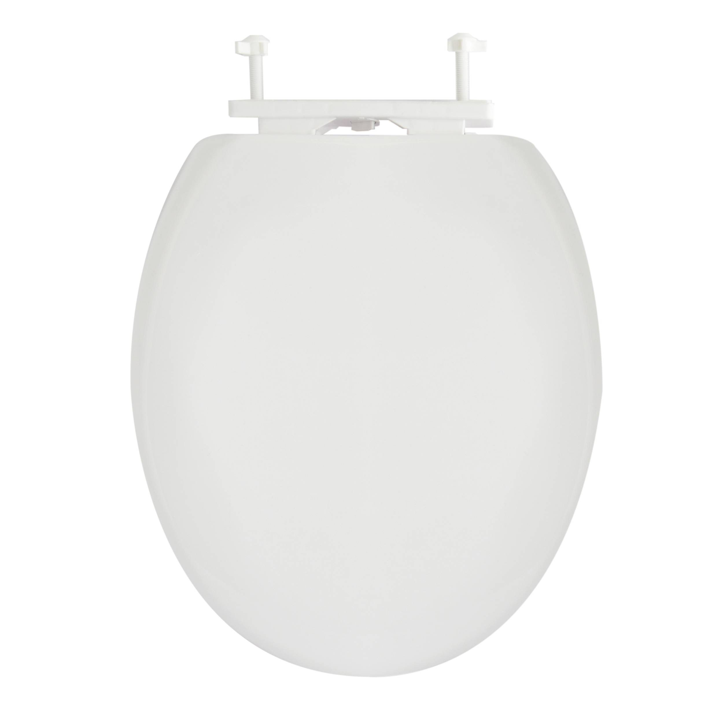 Weißer ovaler Toilettensitz mit Montagescharnieren, gezeigt auf schlicht strukturiertem Hintergrund.