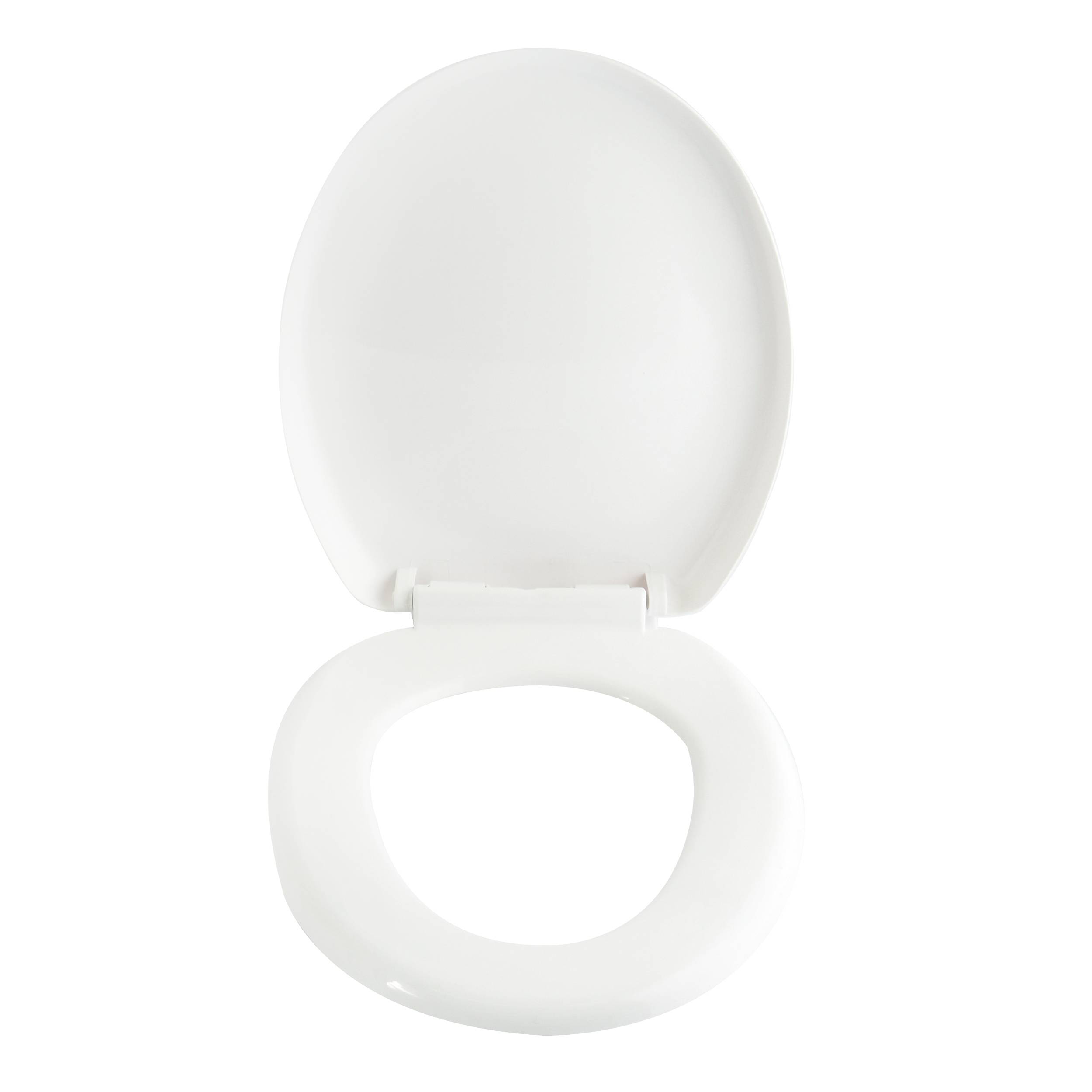 Weißer Toilettensitz von oben betrachtet, mit ovalem Deckel geschlossen und Sitzring offen.