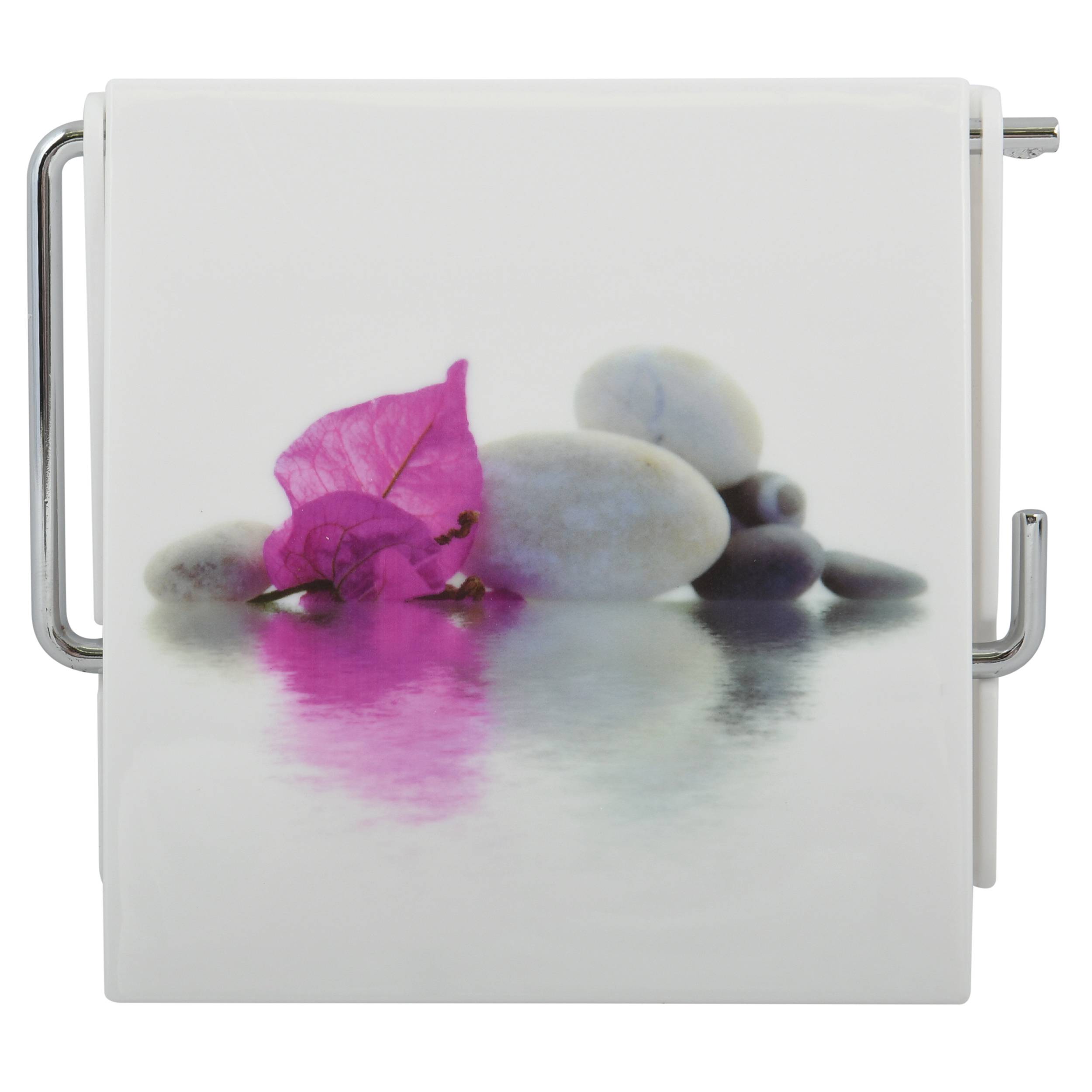 Quadratischer matted Glasschieber mit einer rosa Blume und glatten Steinen, die auf der Oberfläche reflektiert werden, umrahmt von Metallgriffen.