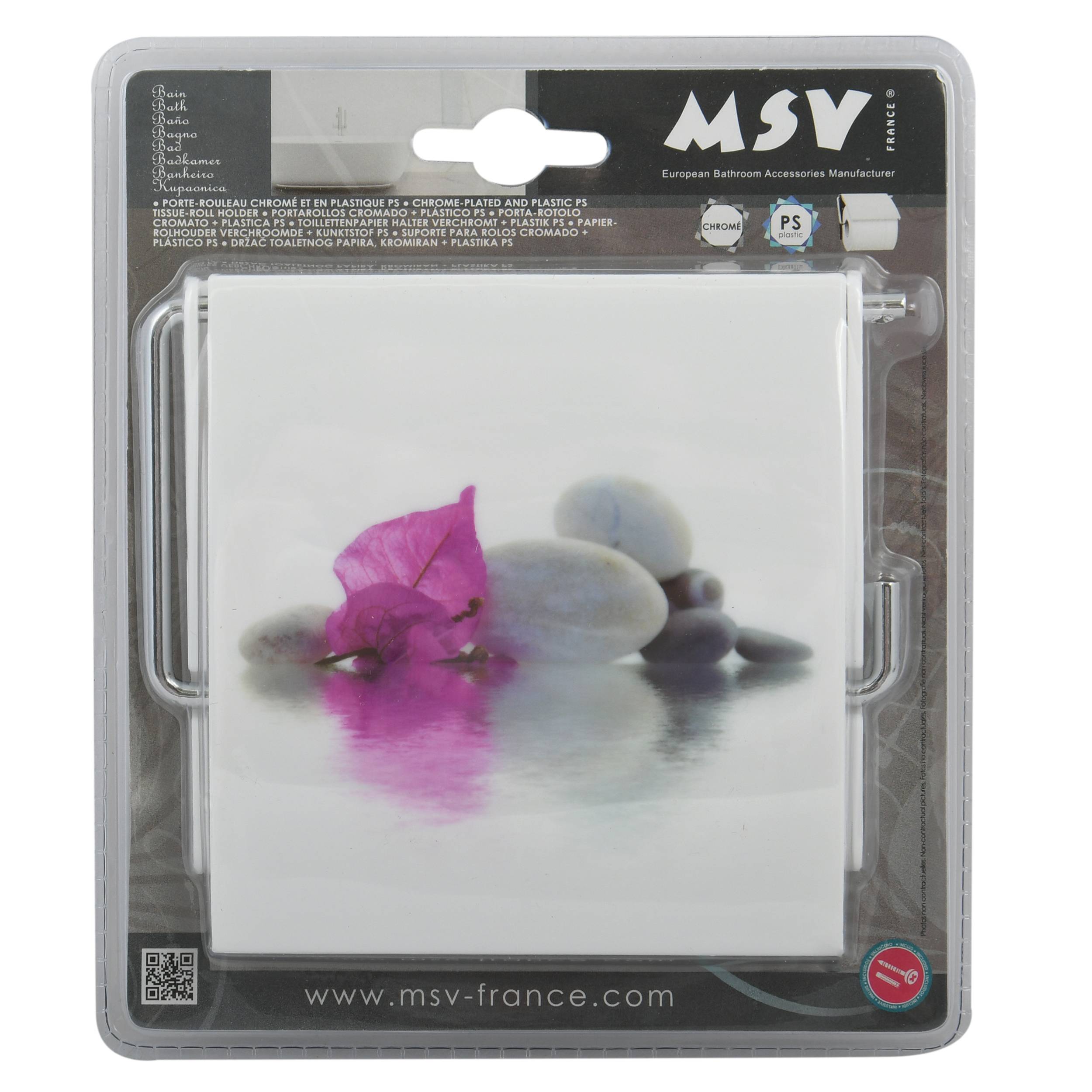 Verpackter Toilettenpapierhalter mit weißem Blumenmuster und Steindesign auf der Vorderseite, gezeigt in durchsichtiger Einzelhandelsblisterver­packung.