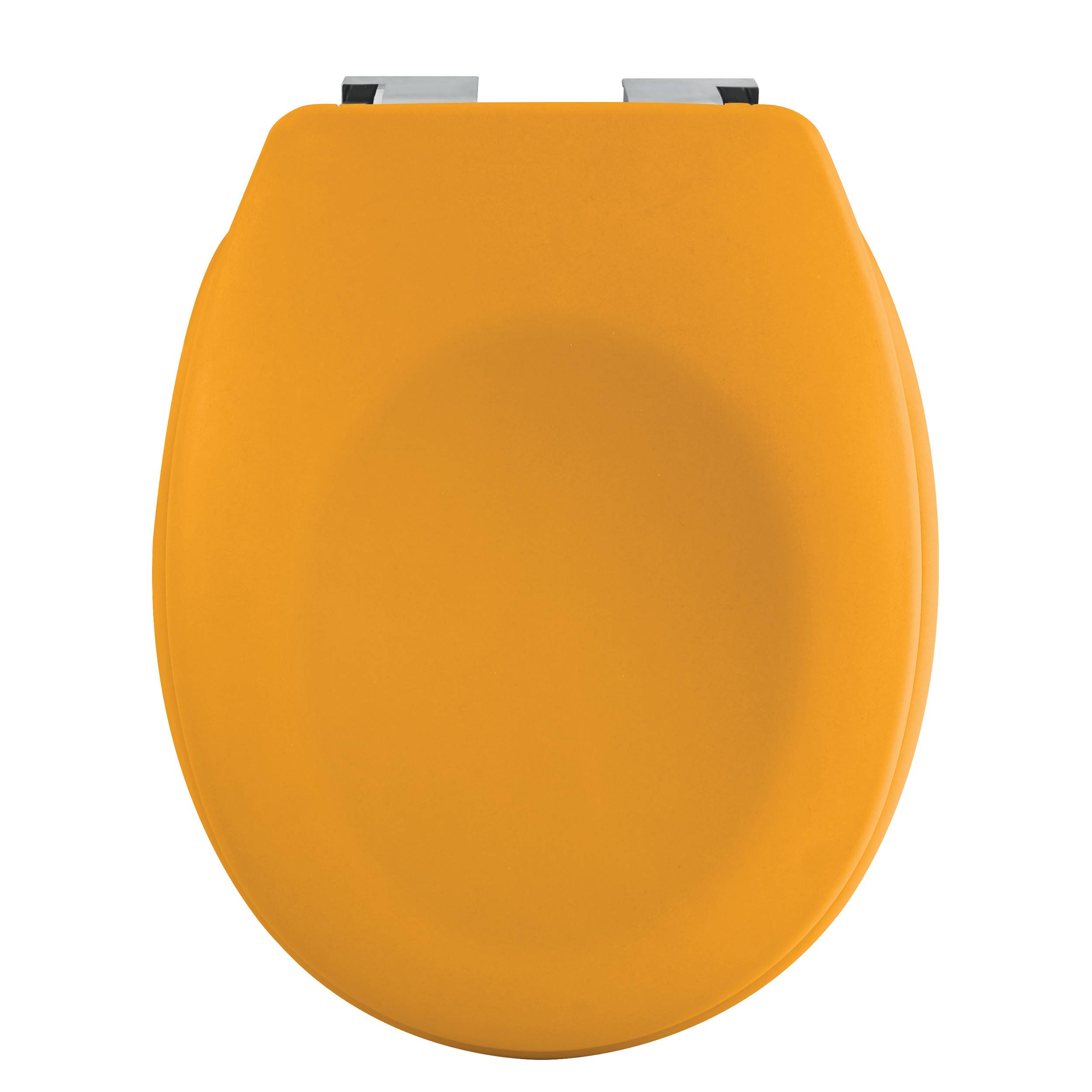 Orangefarbener Toilettensitz von oben auf weißem Hintergrund betrachtet.