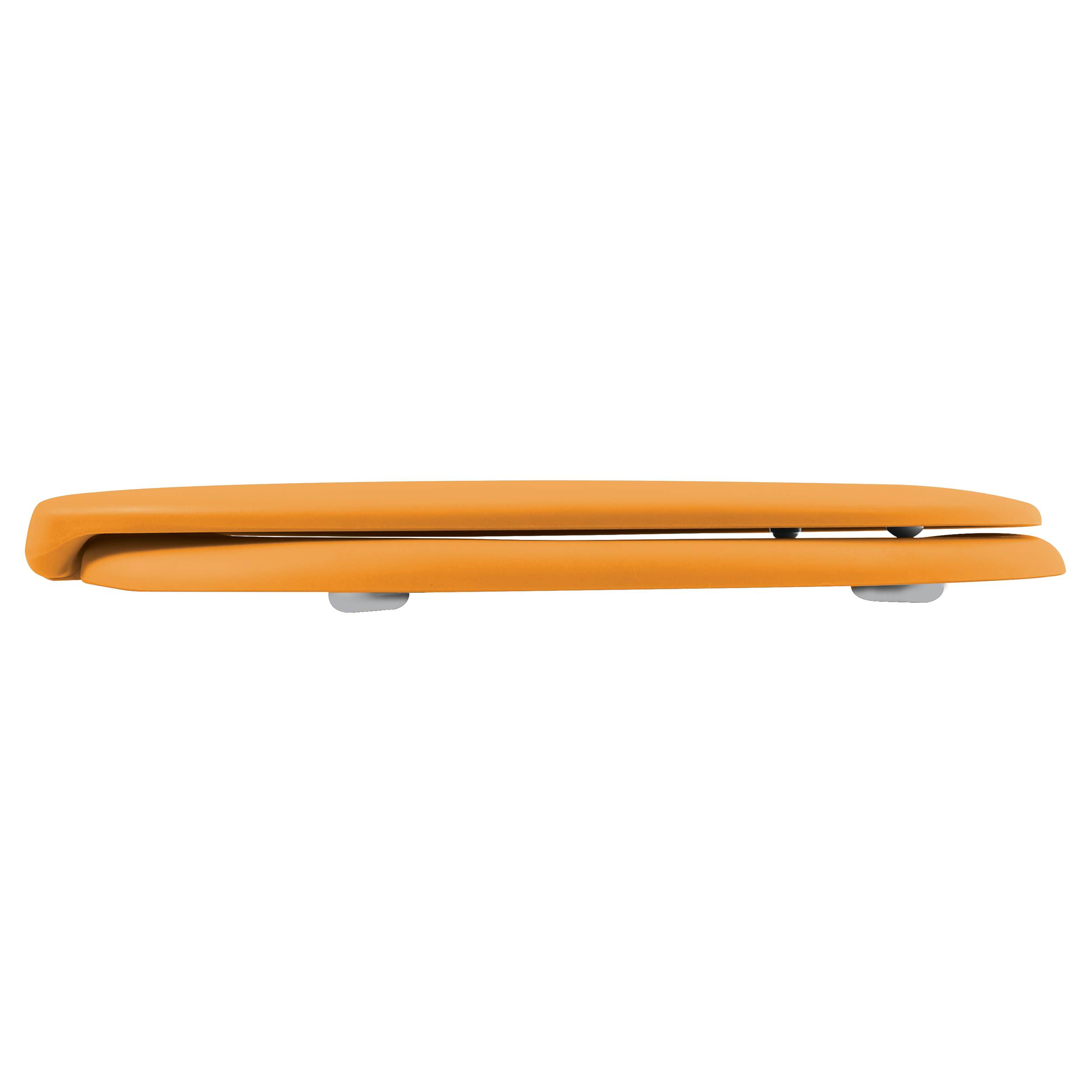 Seitenansicht eines schlanken orangefarbenen Laptop- oder Tablet-Gehäuses mit teilweise offener Naht, dargestellt auf weißem Hintergrund.