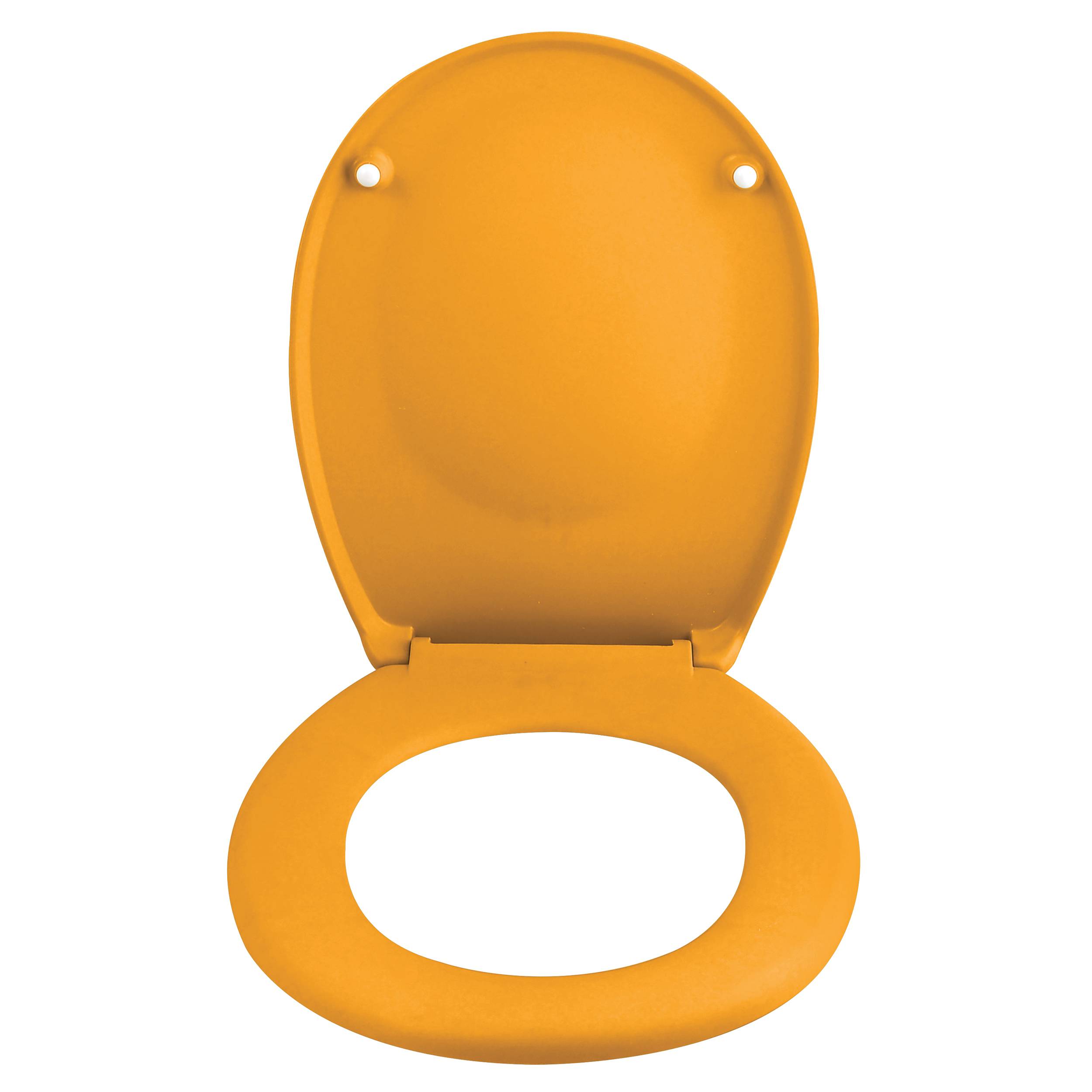 Offener gelber Toilettensitz mit hochgeklapptem Deckel, Vorderansicht auf einfachem weißem Hintergrund dargestellt.