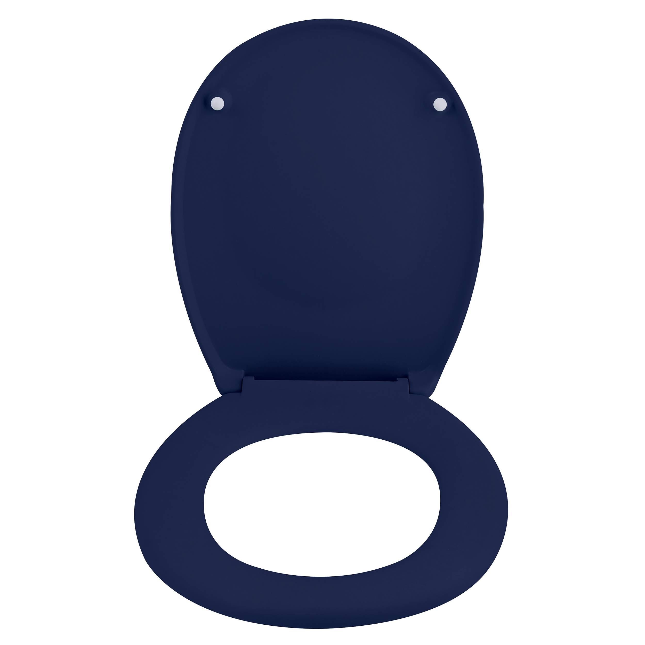 Ein geschlossener dunkelblauer Toilettensitz und ovale Sitzring auf weißem Hintergrund.