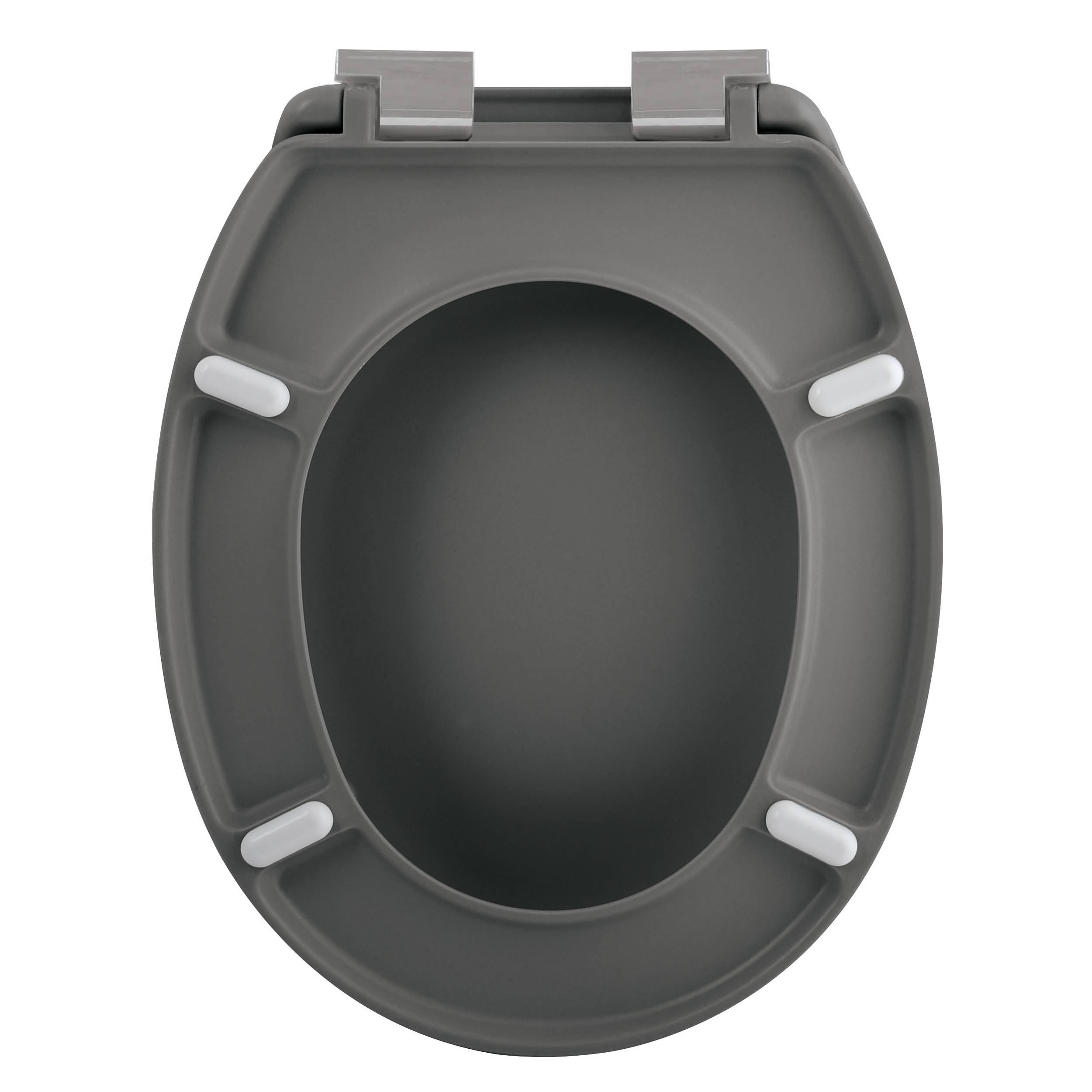 Grauer ovaler Toilettensitz mit Deckel, von oben auf weißem Hintergrund dargestellt.