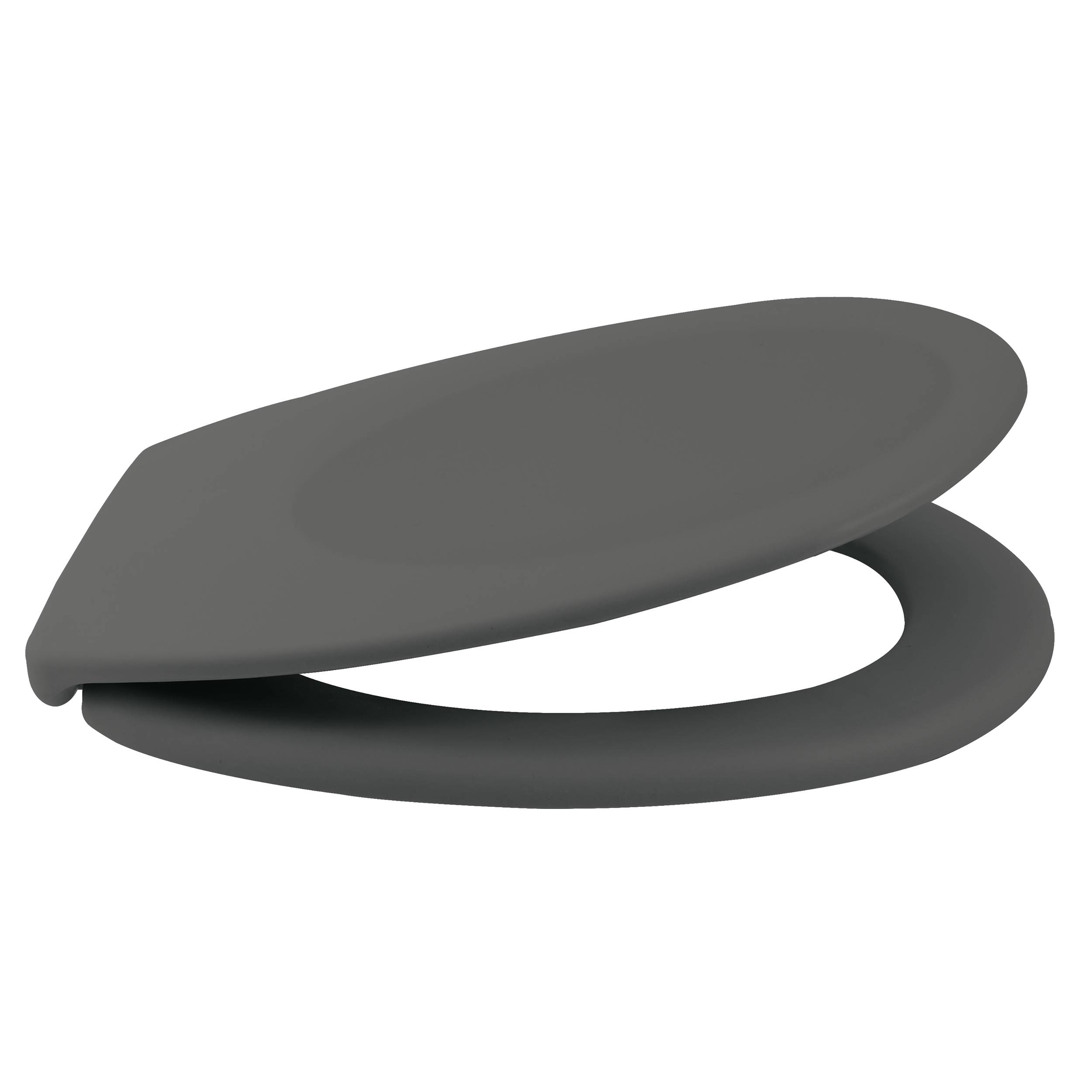 Geschlossener dunkelgrauer Toilettensitz mit passendem ovalem Sitzring auf weißem Hintergrund.