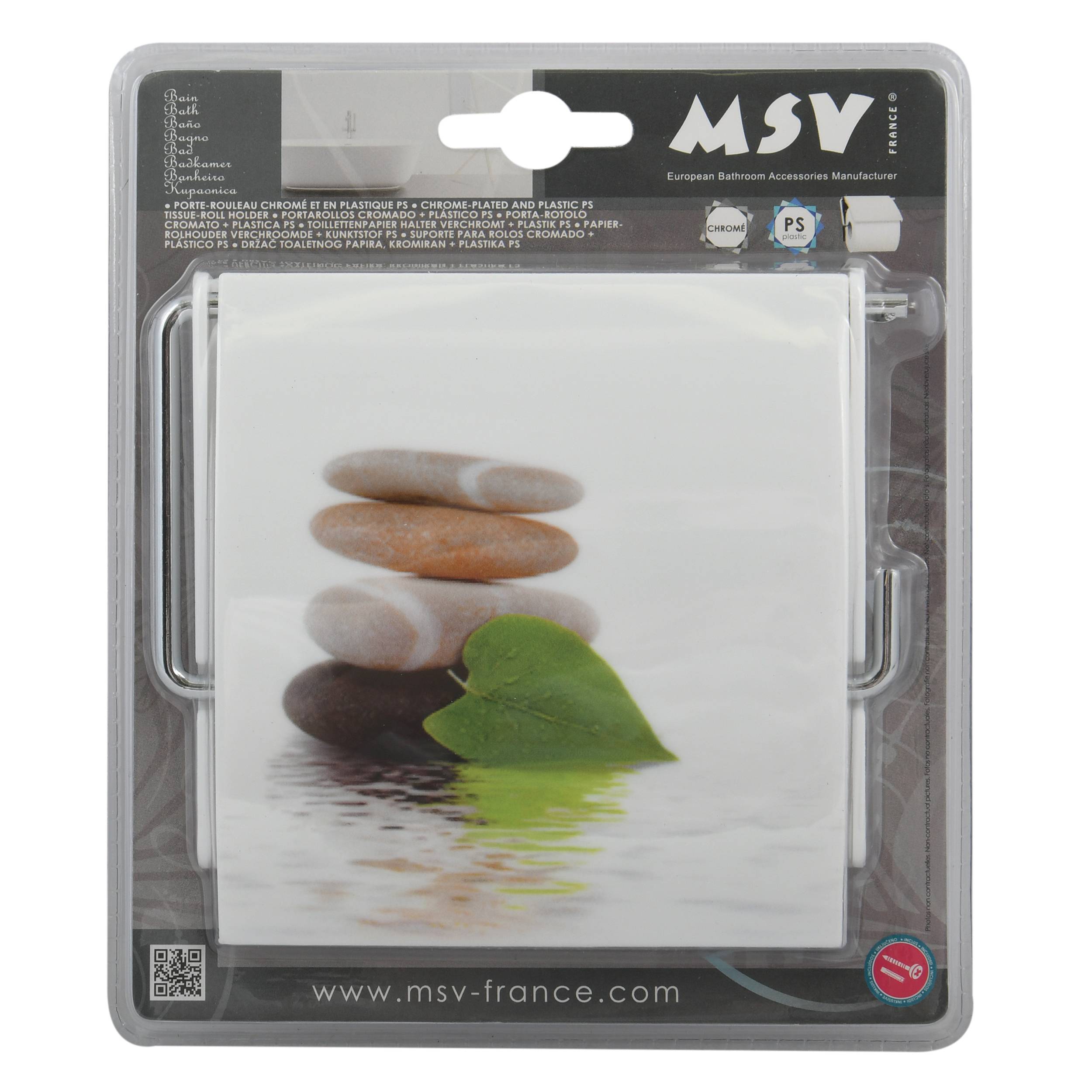 Verpackter quadratischer Badezimmeraccessoire mit einem Foto von gestapelten Kieselsteinen und einem grünen Blatt auf der Vorderseite, Marke MSV.