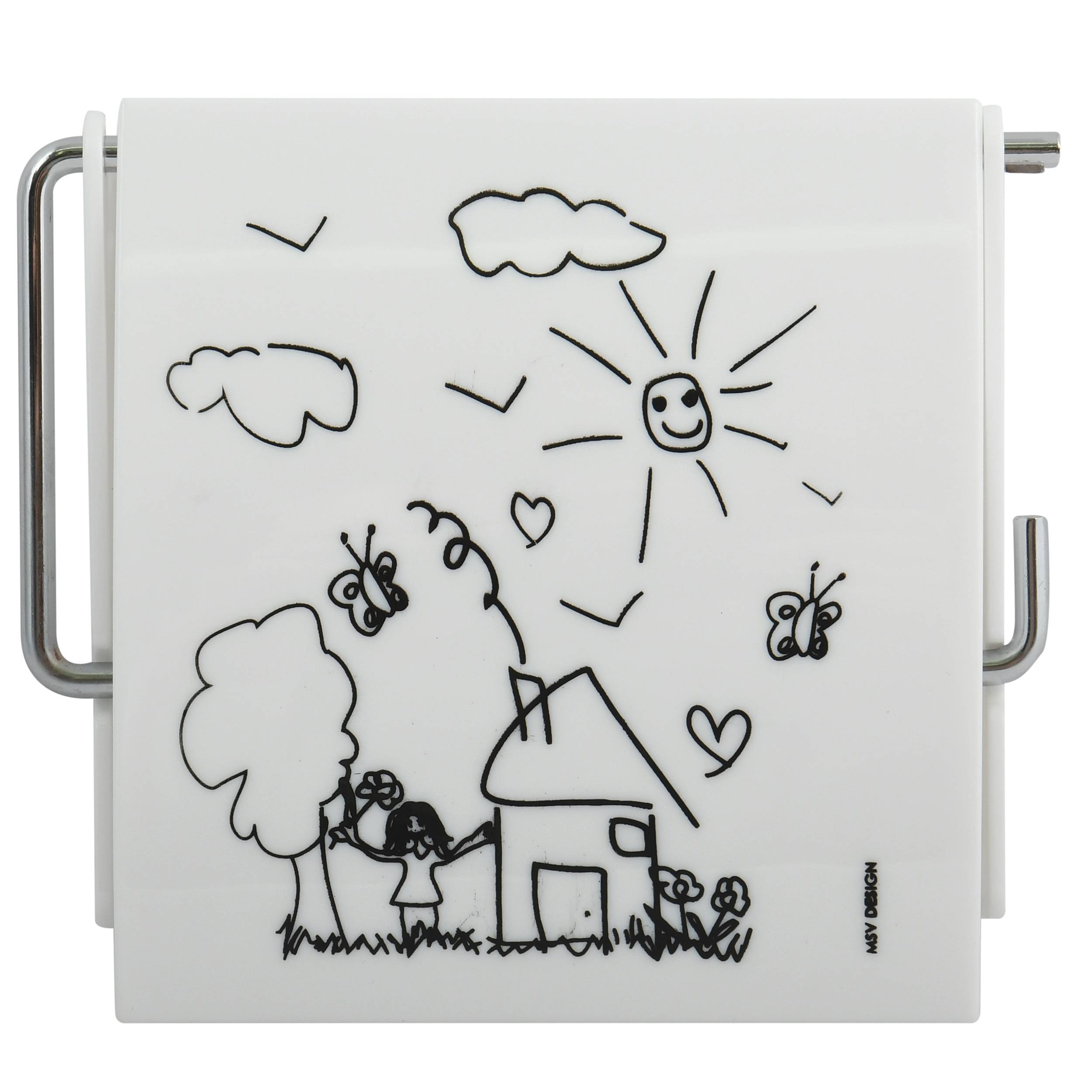 Weiße quadratische Tafel mit schwarzer Strichzeichnung eines Hauses, Baumes, Kindes, Sonne, Wolken, Vögeln, Schmetterlingen und Herzen in einer verspielten, kindlichen Szene.