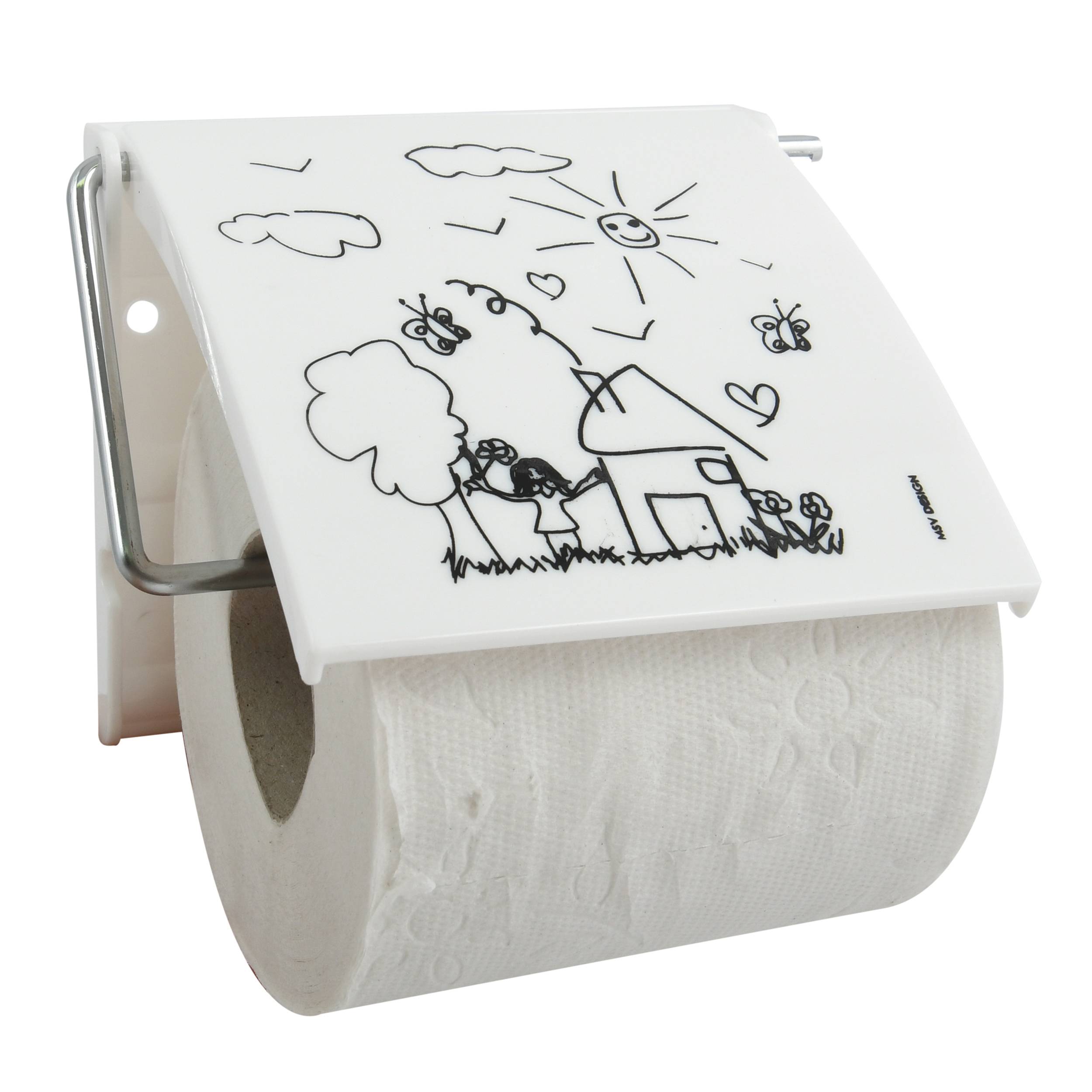 Wandmontierter Toilettenpapierhalter mit einer Rolle und einer weißen Klappabdeckung, die mit verspielten Häuschen-, Baum-, Sonne-, Wolken- und Schmetterlingszeichnungen verziert ist.