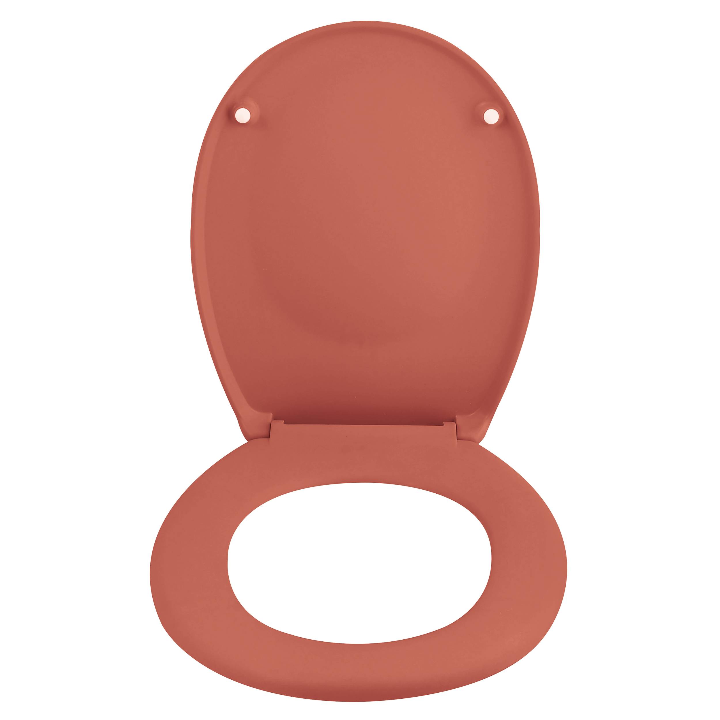 Ein lachsfarben gefärbter Toilettensitz mit angehobener Brille, frontal auf weißem Hintergrund dargestellt.