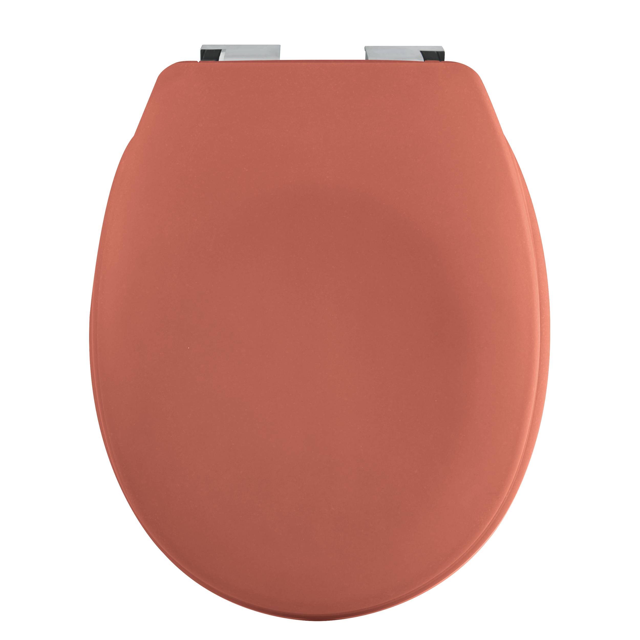 Geschlossener orangefarbener Toilettensitzdeckel auf weißem Hintergrund, von oben betrachtet.