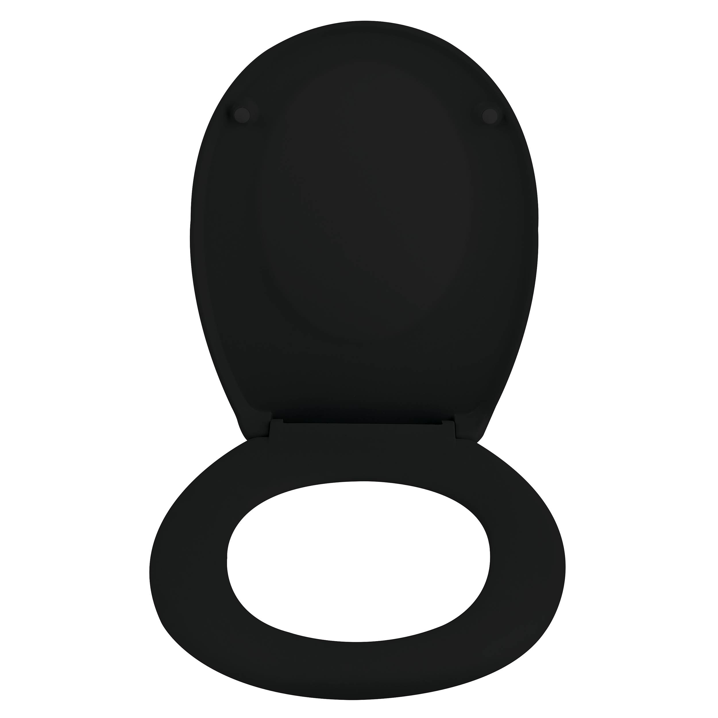 Schwarzer Toilettensitz mit geöffnetem Deckel, von oben auf weißem Hintergrund gezeigt.