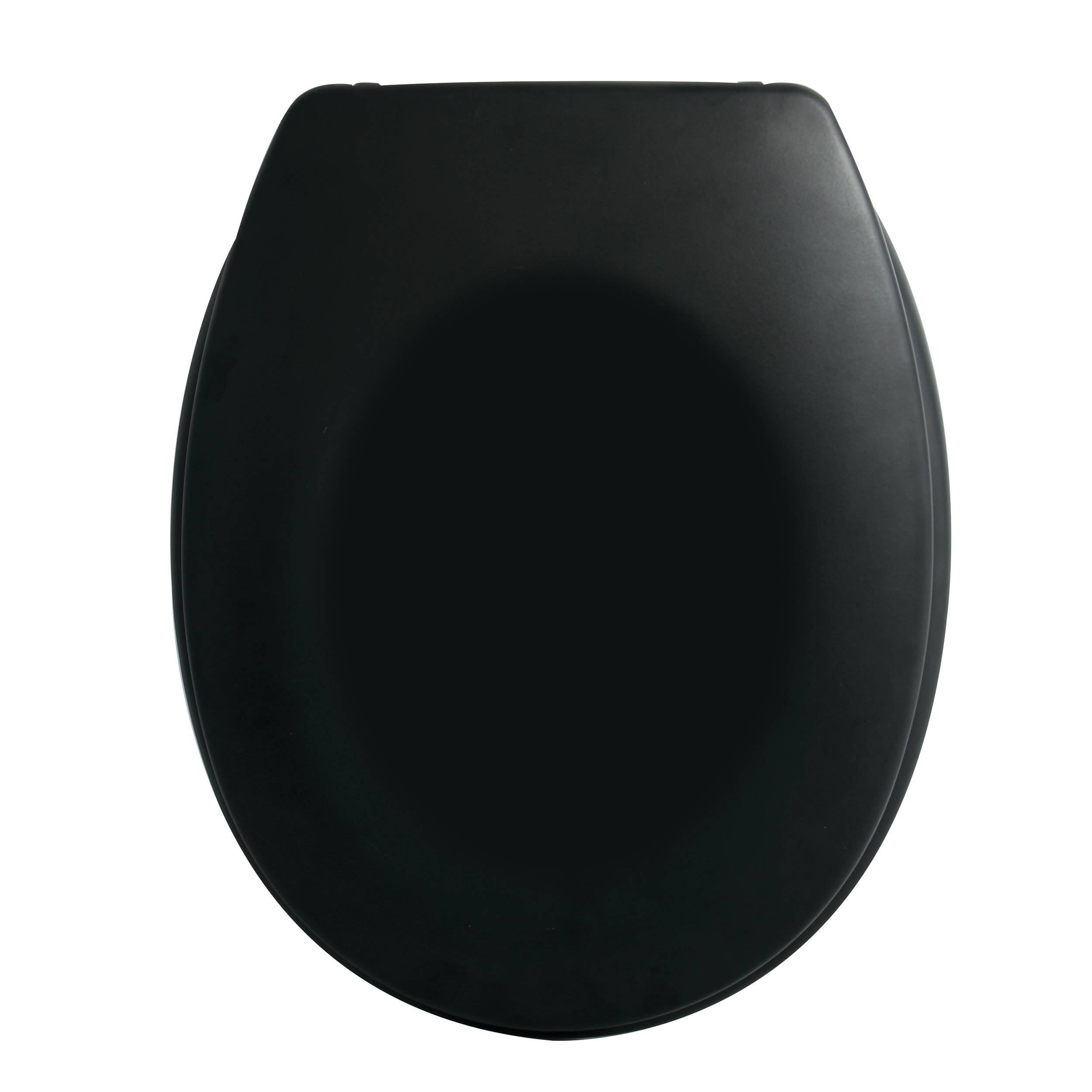 Schwarze ovale Toilettensitzdeckel auf weißem Hintergrund.