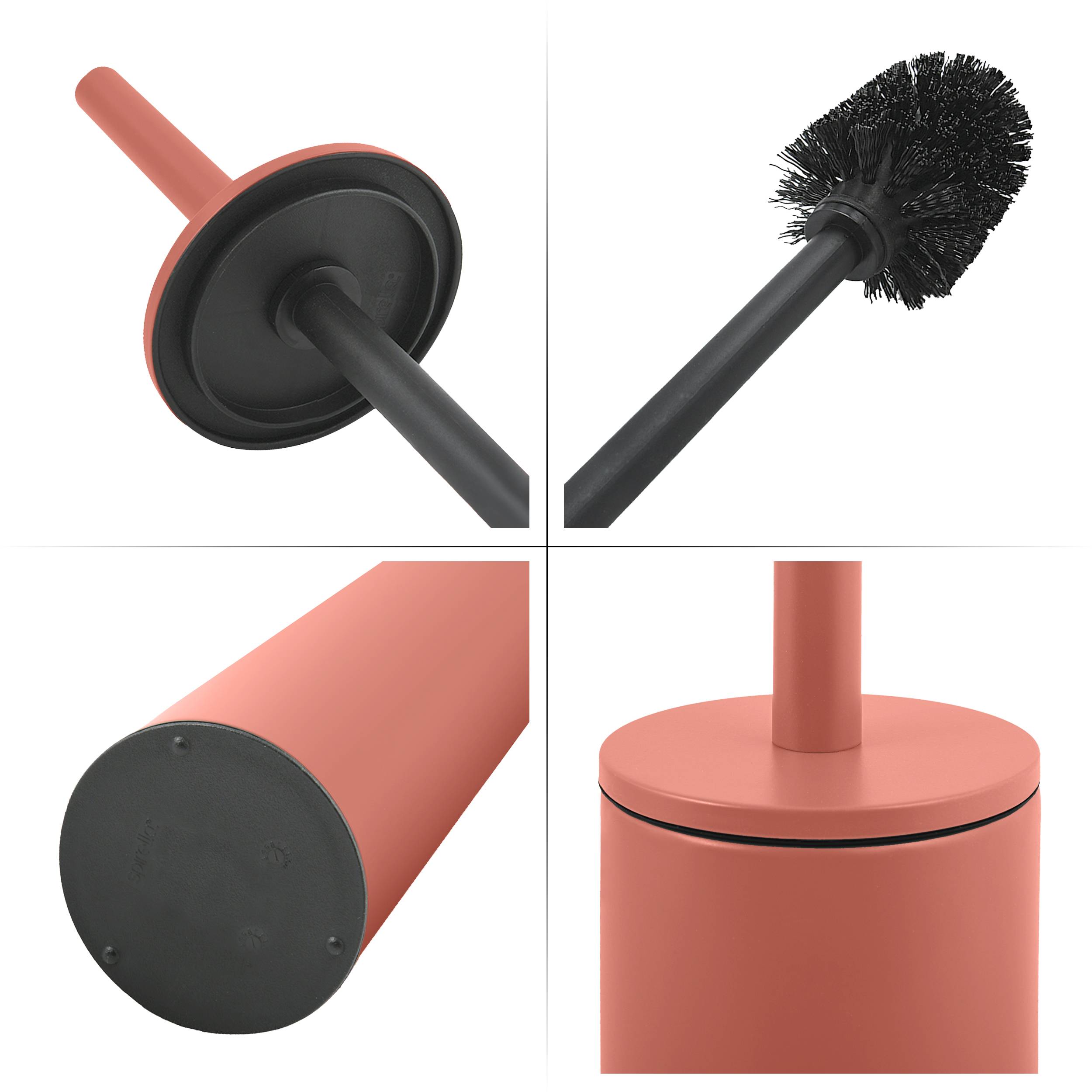 Komposit-Abbildung eines Toilettenplunger- und Bürstensatzes aus Koralle mit schwarzen Griffen und zylindrischem Behälter, aus mehreren Blickwinkeln gezeigt.