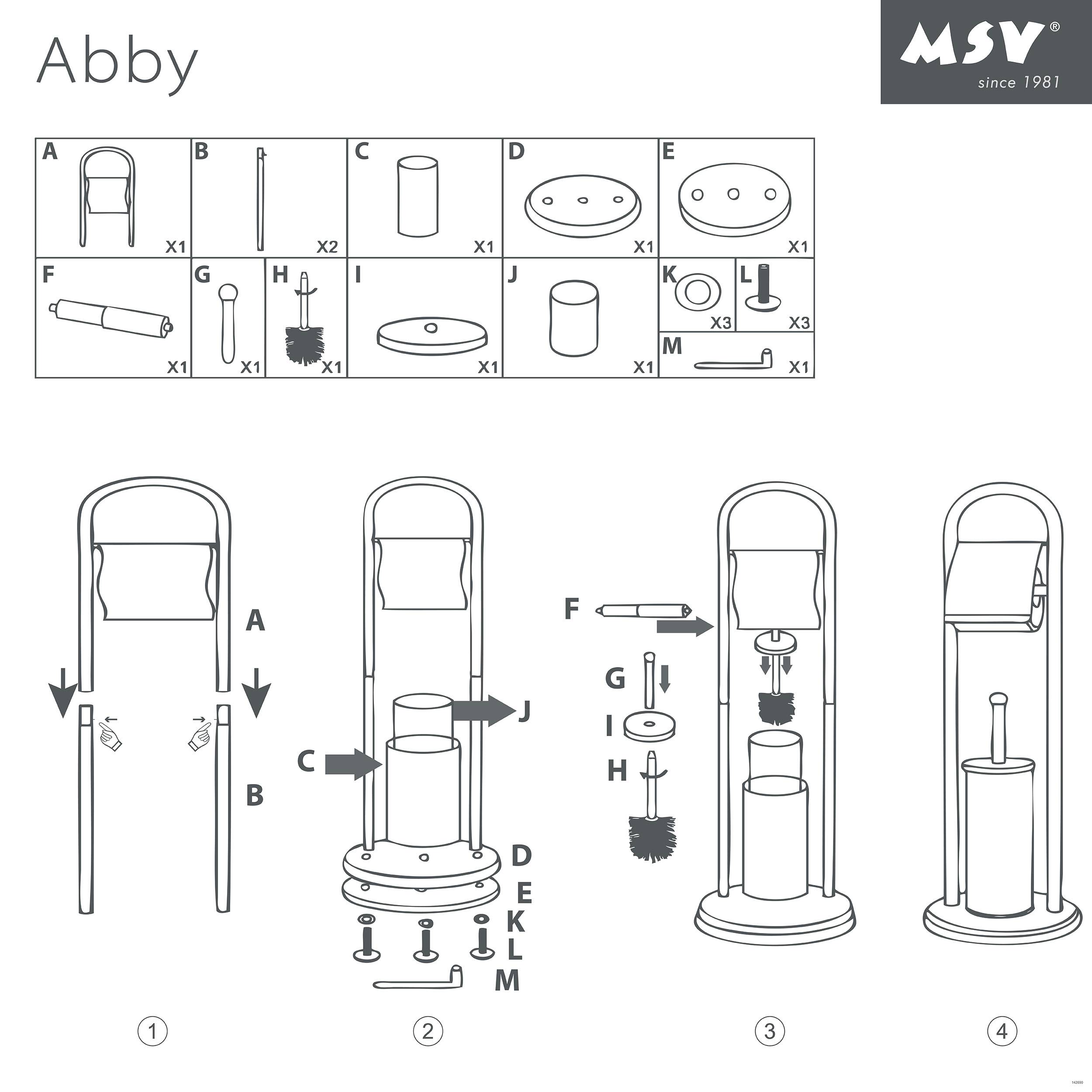 Montageanleitungen für den MSV „Abby" Toilettenbürstenhalter mit den Teilen A–M und vier Schritt-für-Schritt-Montageabbildungen.