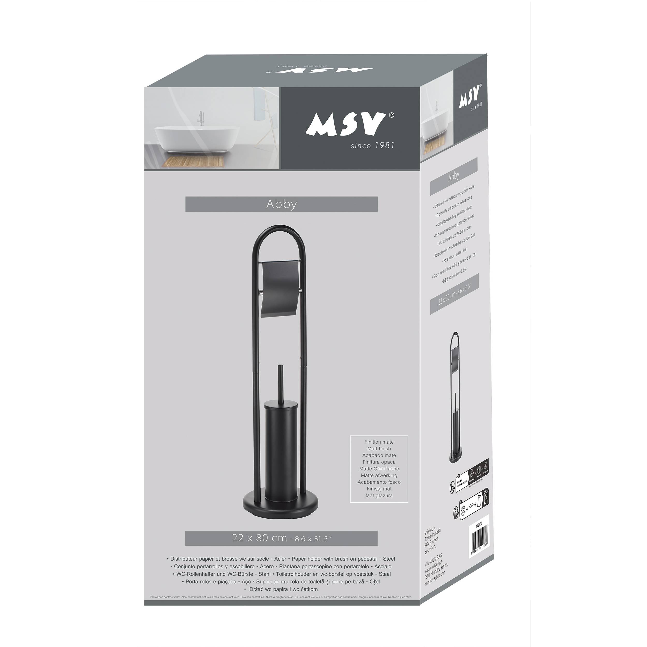 Verpackungsbox für eine MSV Abby Toilettenbürste und Halter, gezeigt auf einer grauen Einzelhandelsverpackung mit Produktabbildung und Größe „22 x 80 cm".