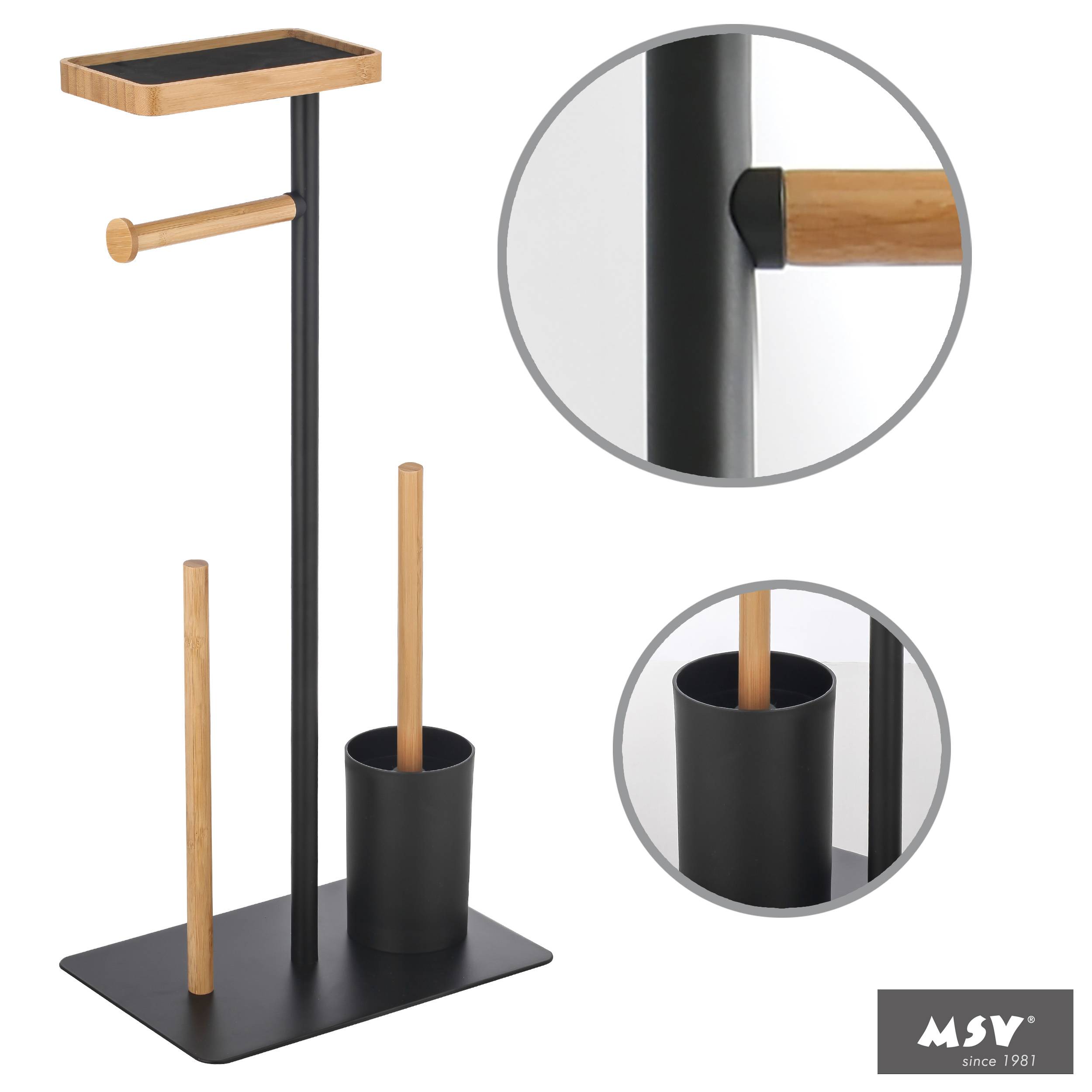Freistehender Toilettenpapierhalter aus schwarzem Metall und Holz mit oberer Ablage, Ersatzrollenhalter und Bürstenbecher; eingefügte Nahaufnahmen von Verbindungen und Becher.