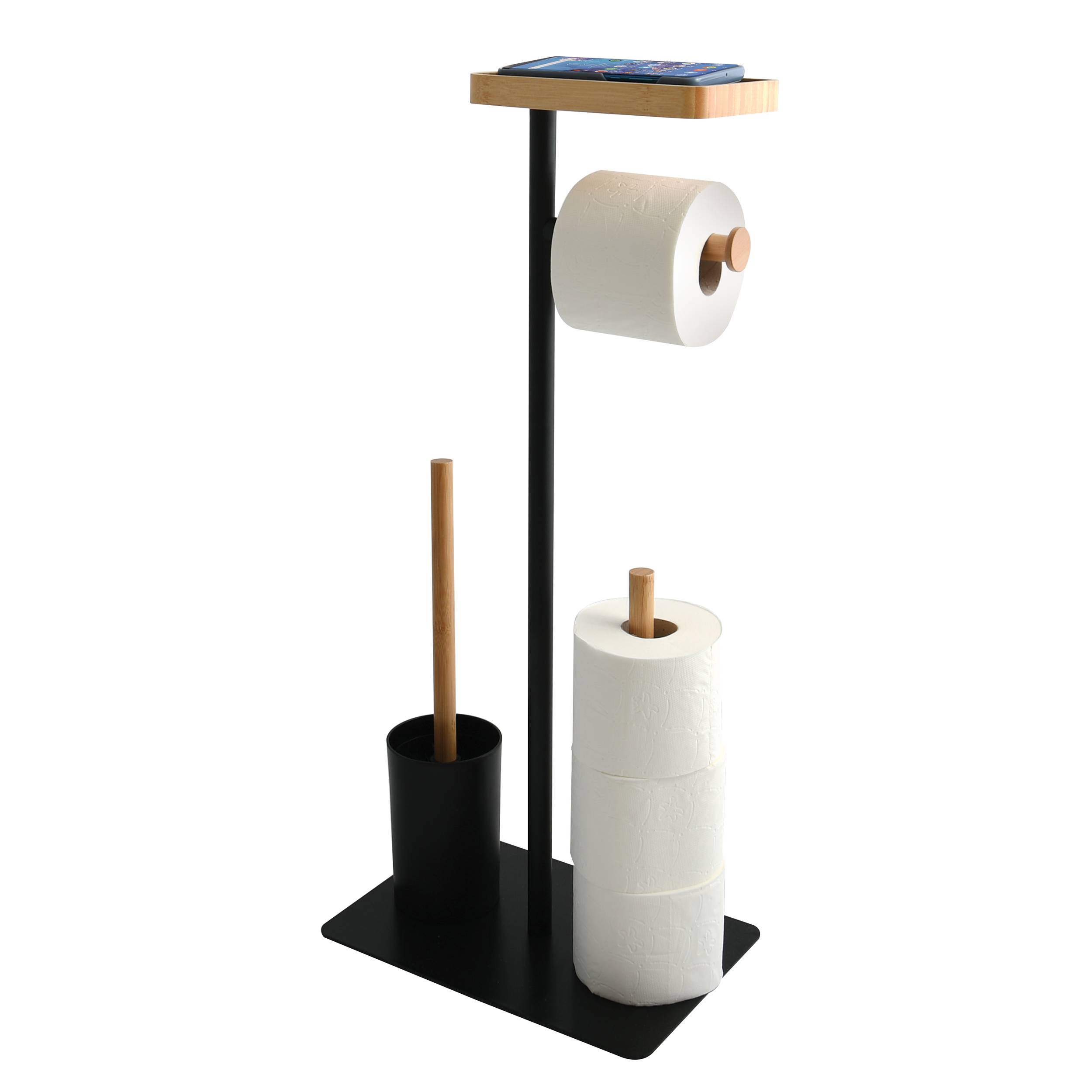 Stehender Toilettenpapierhalter mit Ablage, fasst eine Rolle und eine Ersatzrolle, plus Toilettenbürstenbecher und Bürste auf schwarzem Sockel.