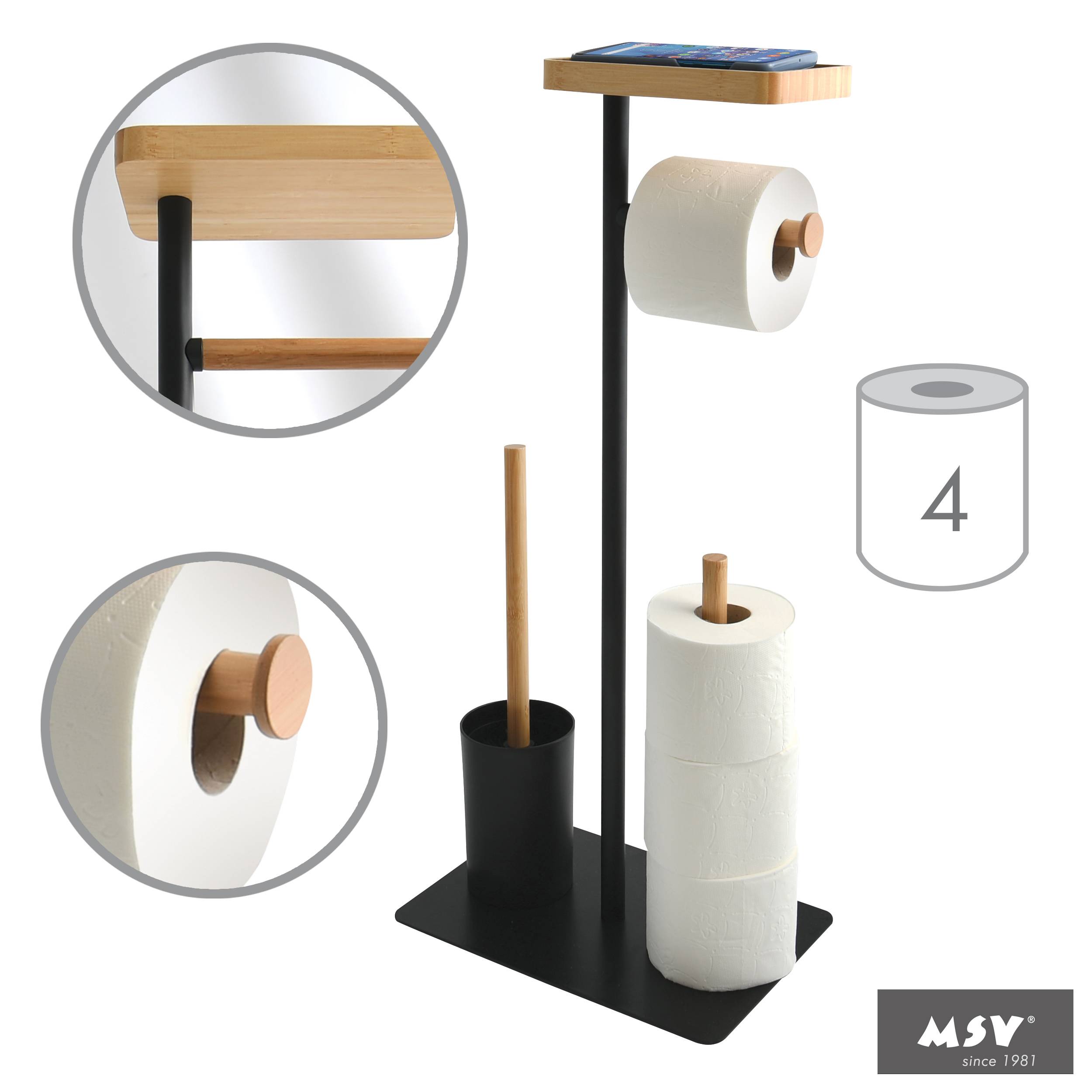 Schwarzes Toilettenpapierständer mit Holzablage oben, Bürstenhalter, Ersatzrolle und Kapazitätsanzeige für „4" in den Detailausschnitten dargestellt.