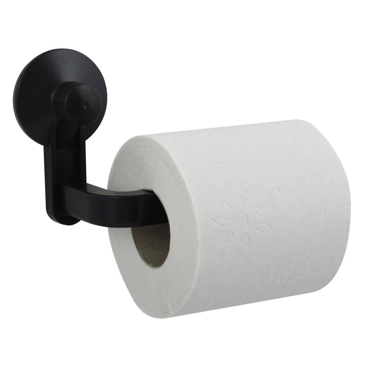 Schwarzer, an der Wand montierter Toilettenpapierhalter, der eine einzelne Rolle weißes Toilettenpapier auf weißem Hintergrund hält.