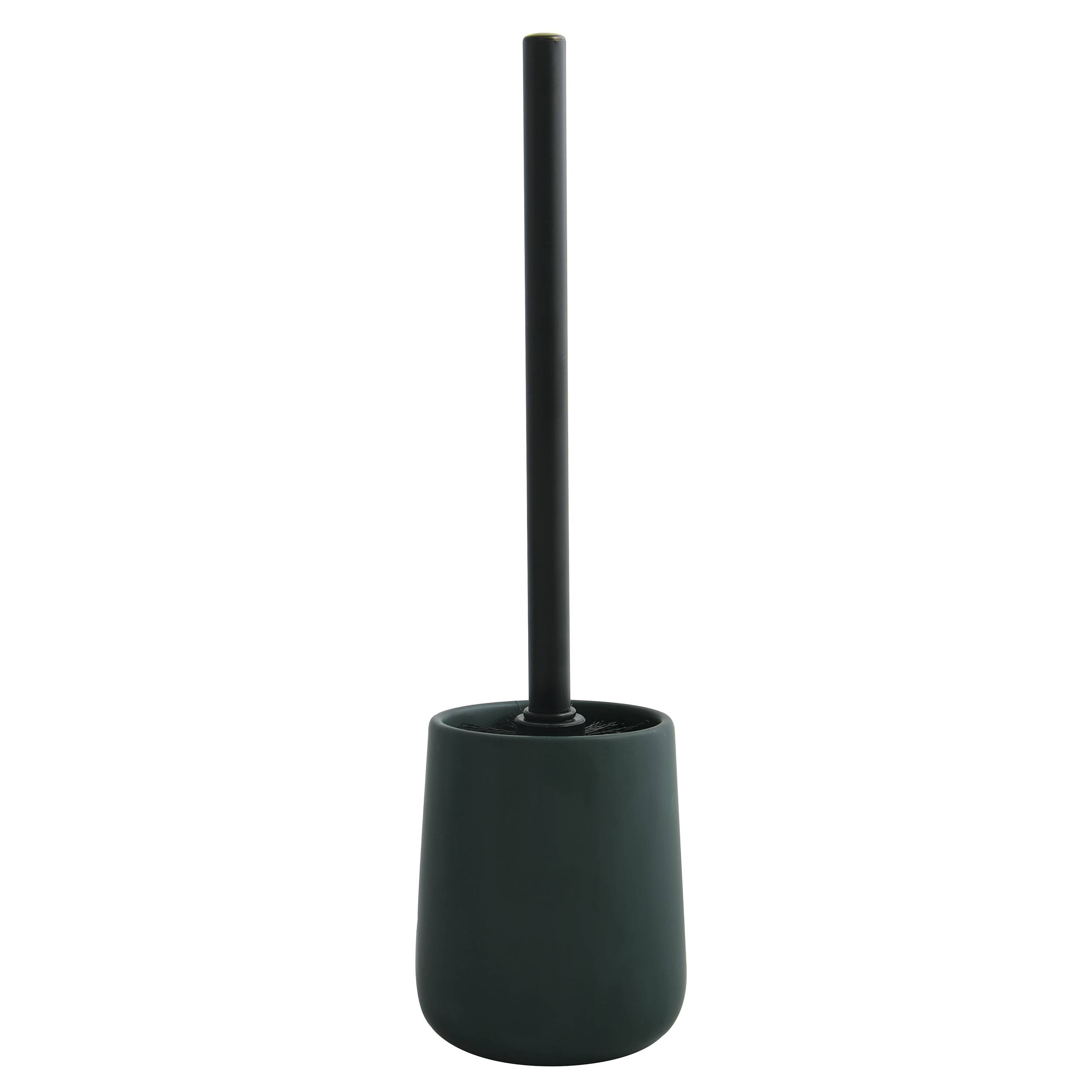 Schwarze Toilettenbürste mit zylindrischem Behälter auf weißem Hintergrund.