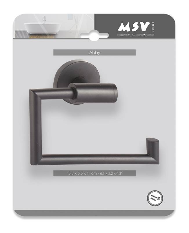 Verpackung für MSV 'Abby' Toilettenpapierhalter in dunkler Bronze, zeigt den wandmontierten Halter und Produktabmessungen 15,5 x 5,5 x 11 cm.