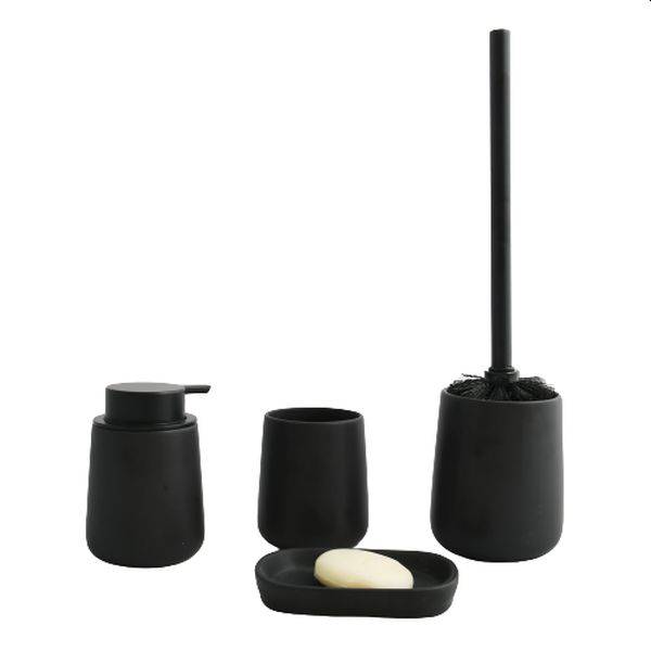Schwarzes Badezimmer-Accessoire-Set mit Seifenspender, Becher, Seifenschale und Toilettenbürstenhalter auf weißem Hintergrund.