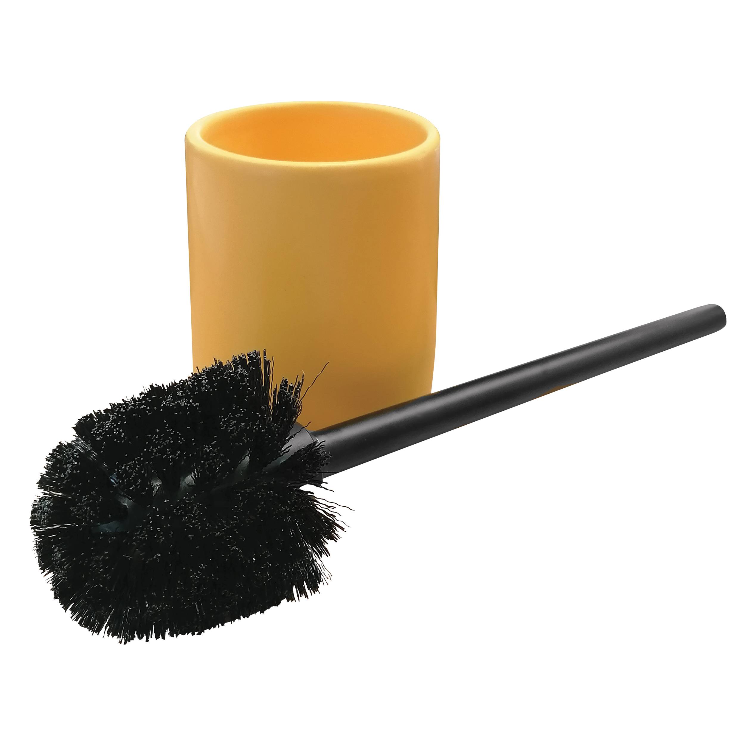 Toilettenbürste mit schwarzen Borsten und Griff neben einem gelben Behälter auf weißem Hintergrund.