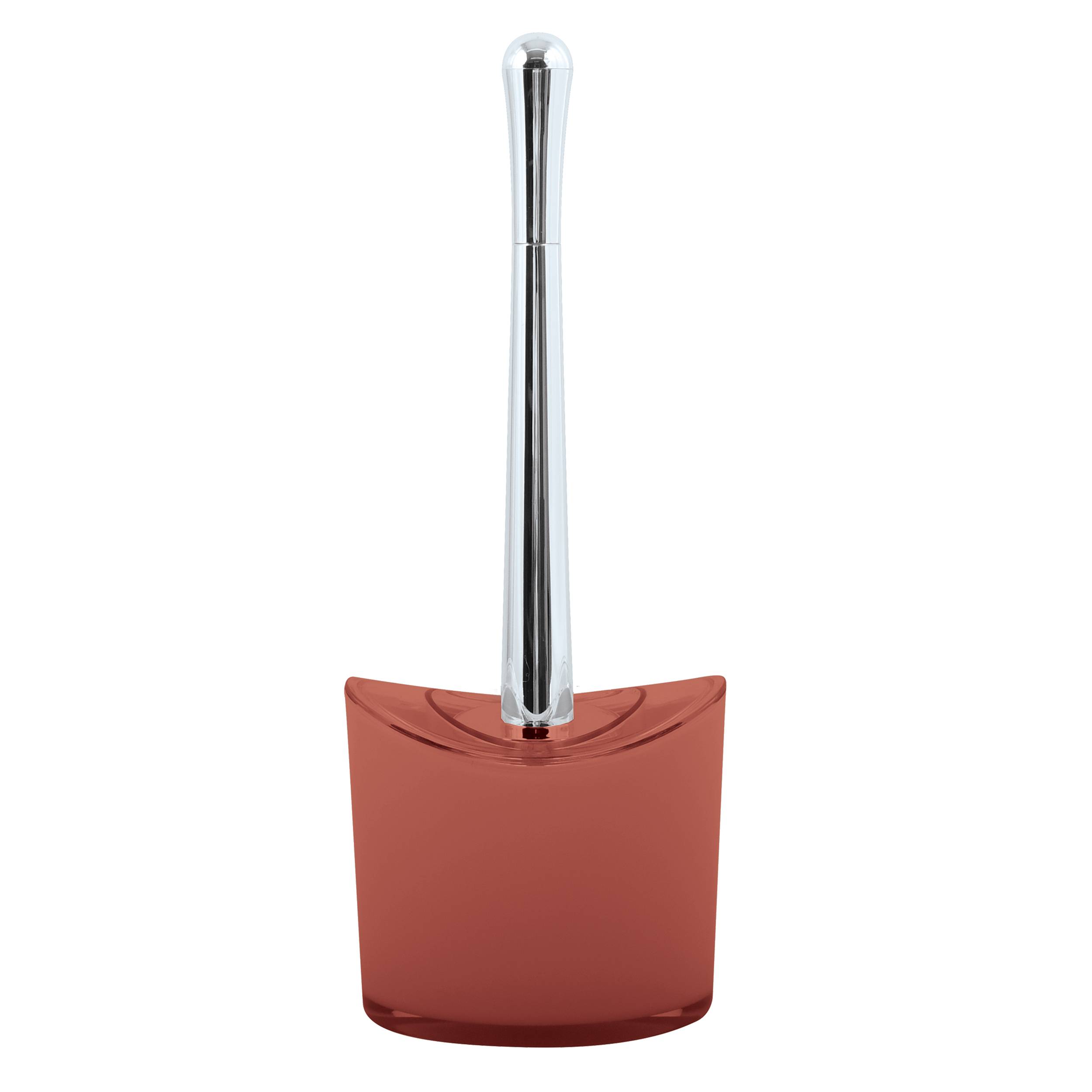 Ein roter Toilettenbürsten-Halter mit silbernem Griff auf weißem Hintergrund.