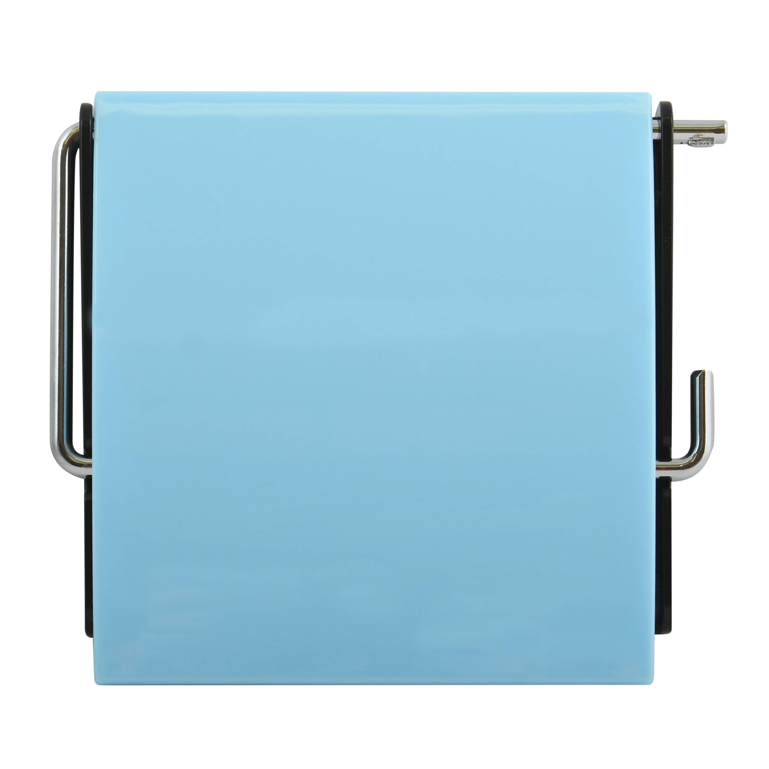 Blauer quadratischer Toilettenpapierspender mit verchromten Seitengriffen und einem kleinen hervorstehenden Metallhebel.