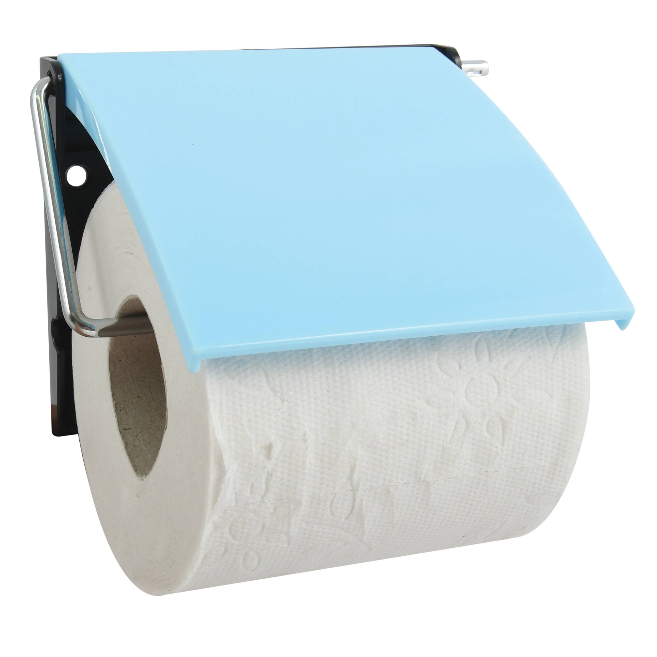 Wandmontierter Toilettenpapierhalter mit einer Rolle unter einer hellblauen Abdeckung, gezeigt auf weißem Hintergrund.