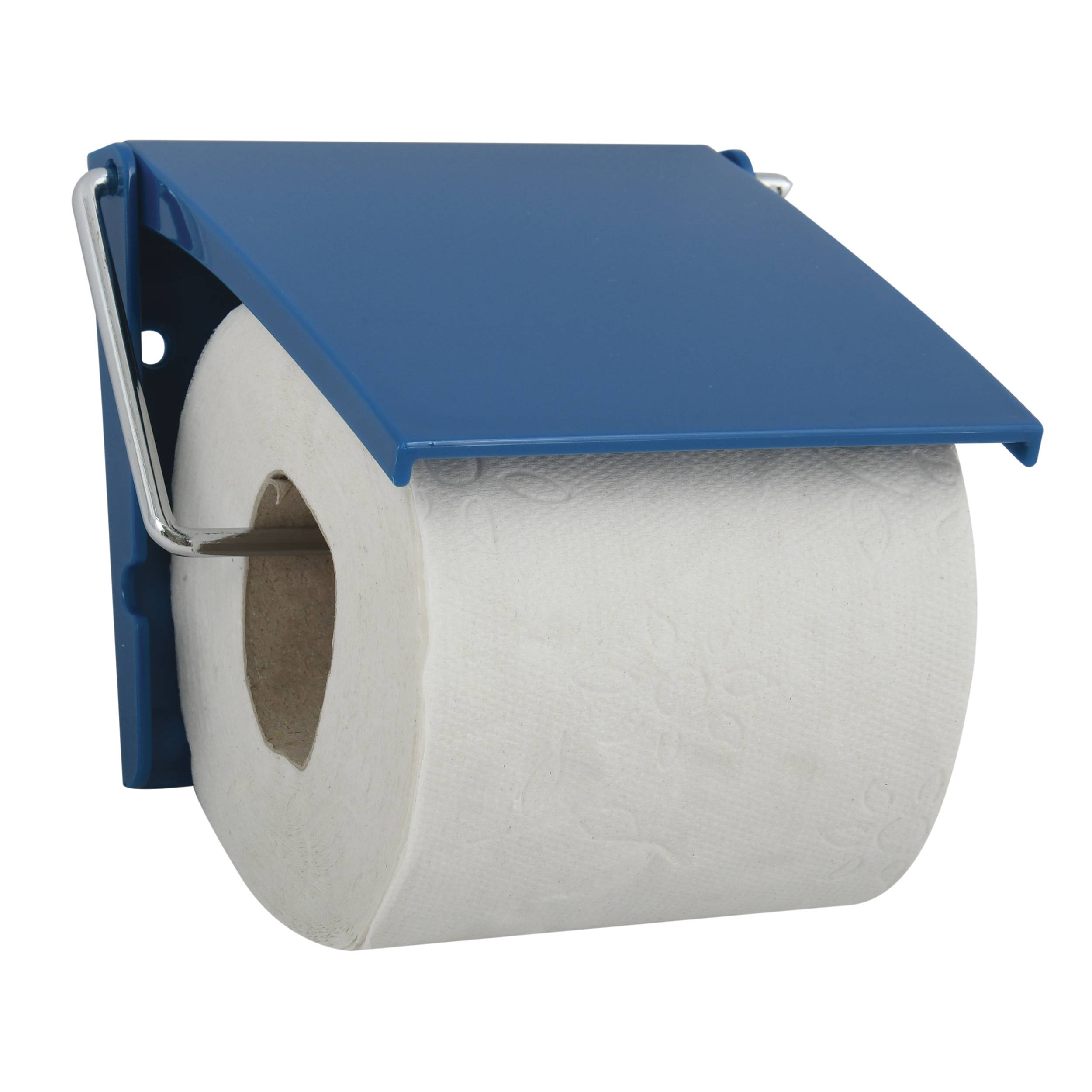 Blauer, an der Wand montierter Toilettenpapierhalter mit einer Rolle weißem Toilettenpapier
