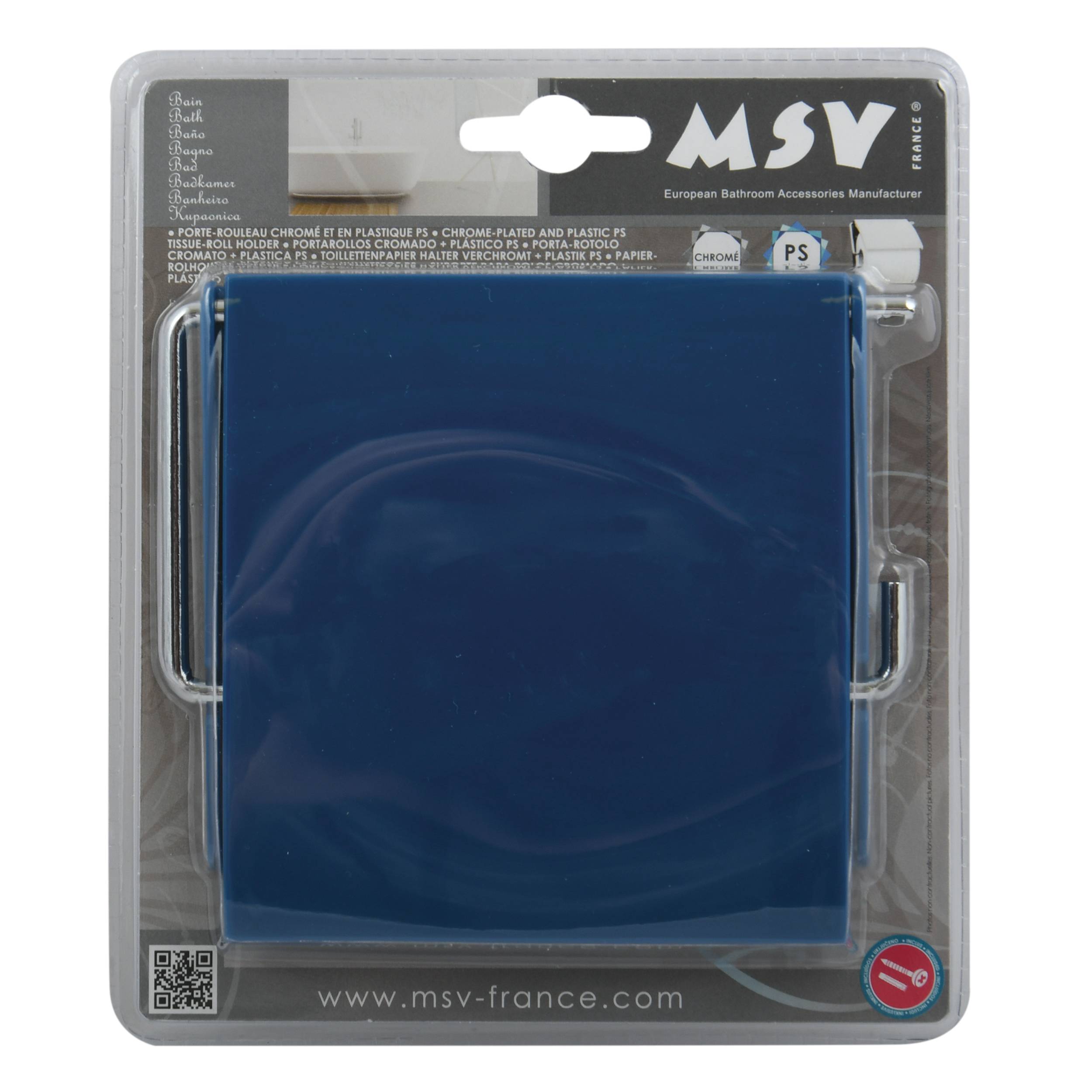 Blauer rechteckiger wandmontierter oder tragbarer Behälter in transparenter Einzelhandelverpackung, Marke MSV France, mit Metallseitenbügeln, die durch das Kunststoffgehäuse sichtbar sind.