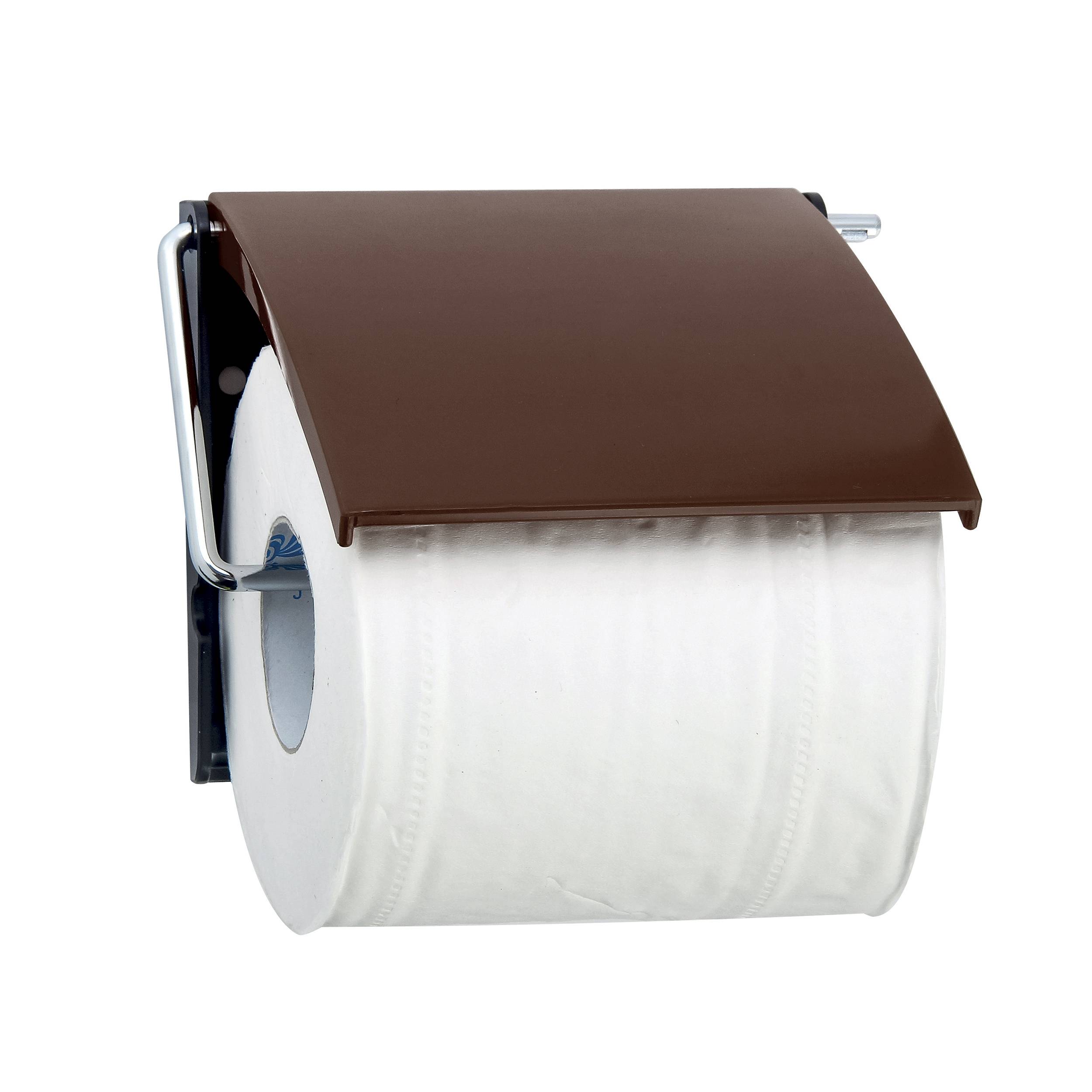 Wandmontierter Toilettenpapierhalter mit einer Rolle und brauner Schutzhaube auf weißem Hintergrund.